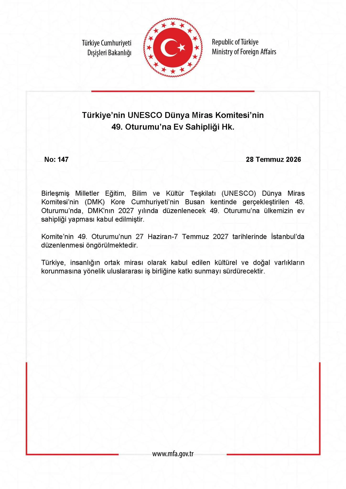 Türkiye, UNESCO Dünya Miras Komitesi'nin 49. Oturumuna Ev Sahipliği Yapacak