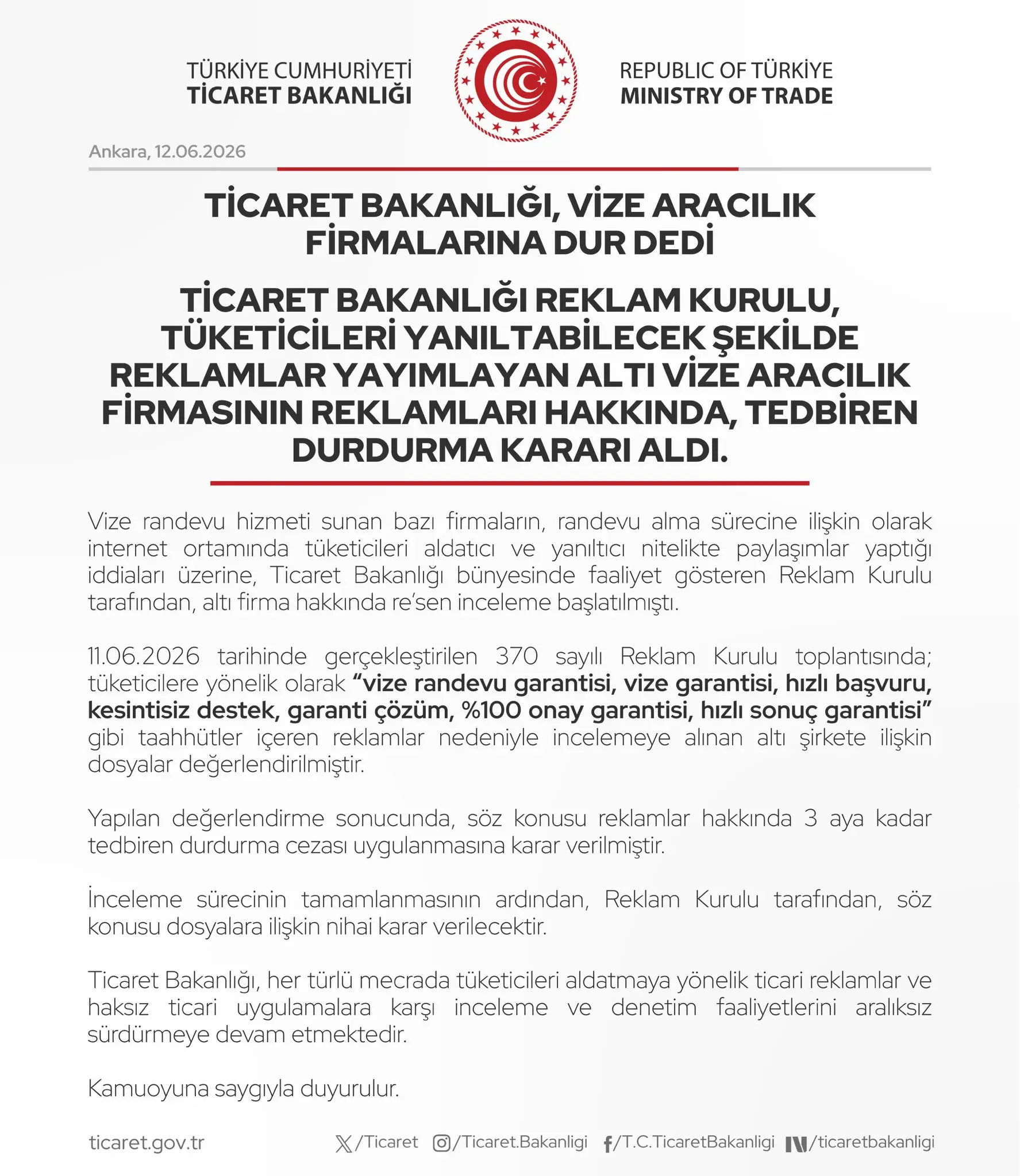 Ticaret Bakanlığı, vize aracılığı yapan firmaları durdurdu
