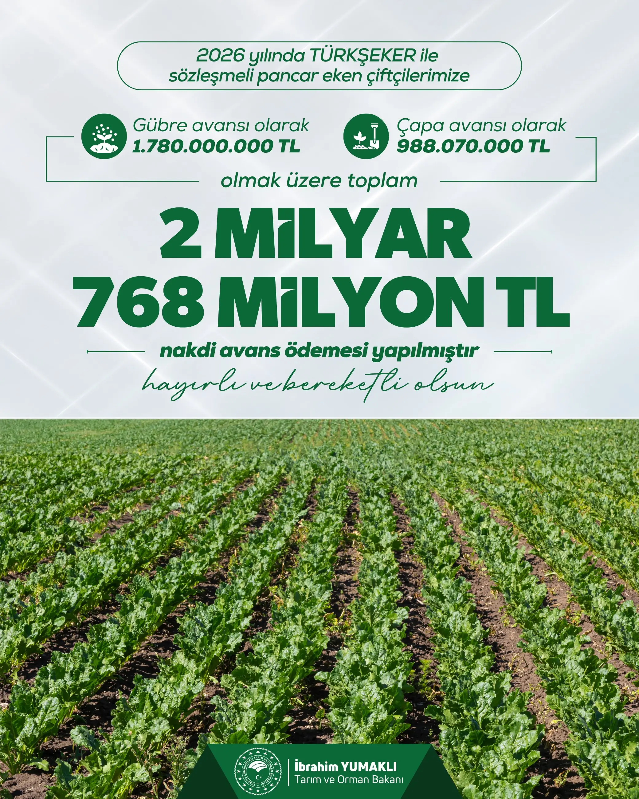 Çiftçilere toplamda 2,8 milyar TL avans ödemesi