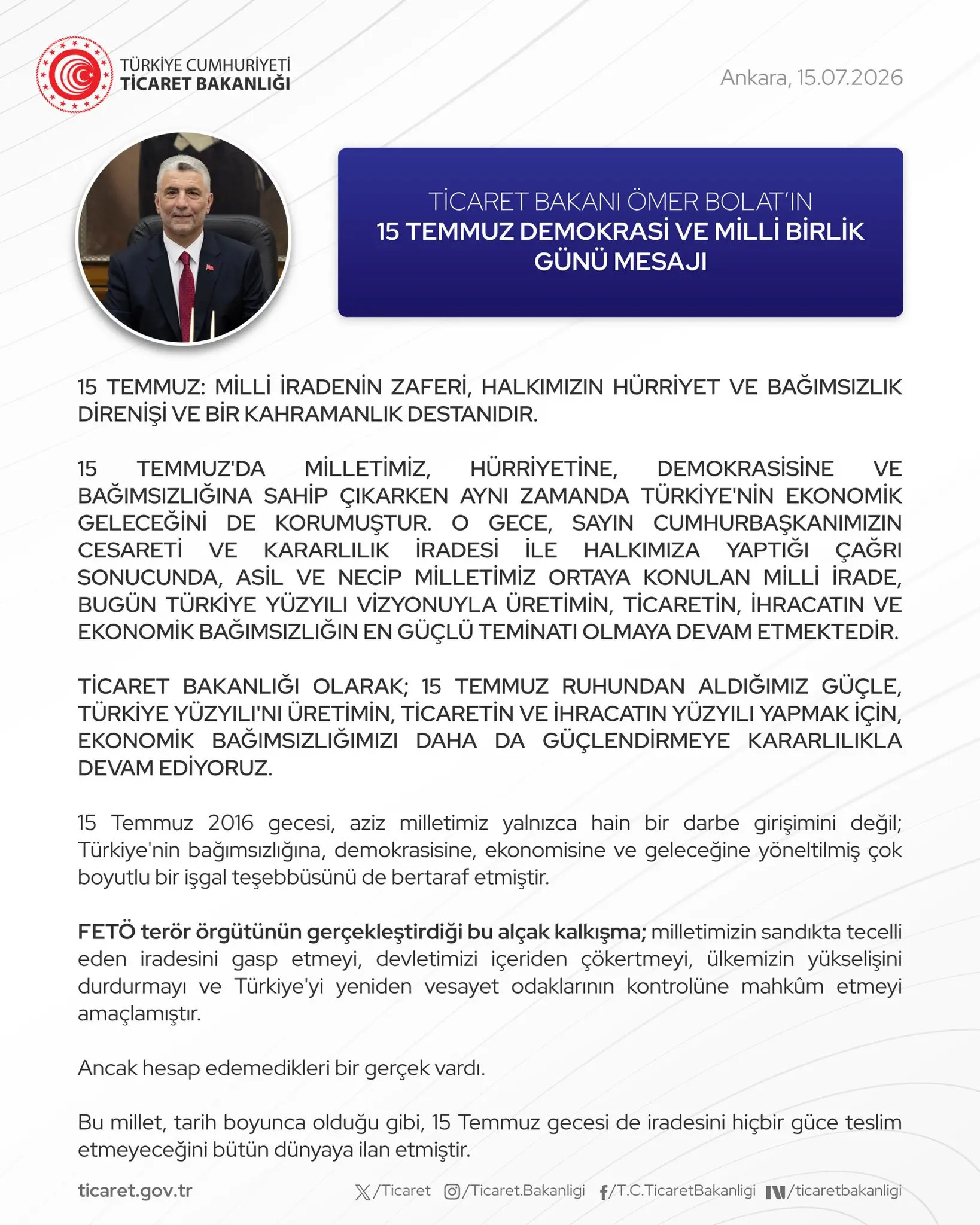 Ömer Bolat 15 Temmuz mesajı yayımladı