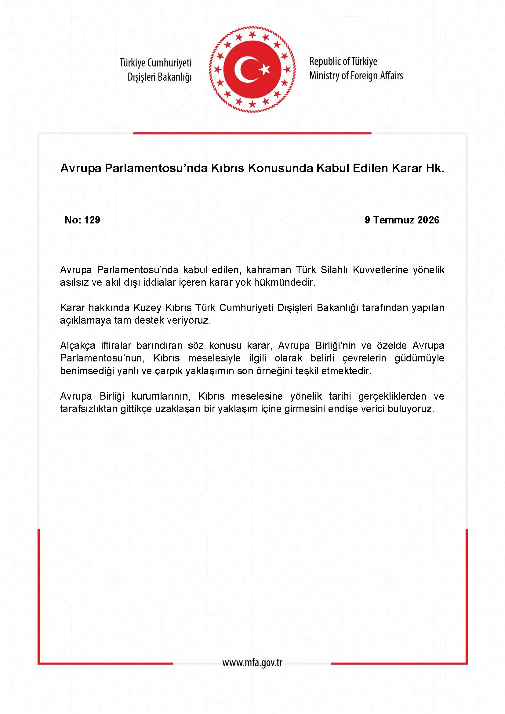 Avrupa Parlamentosu'ndan Kıbrıs Konusunda Karar