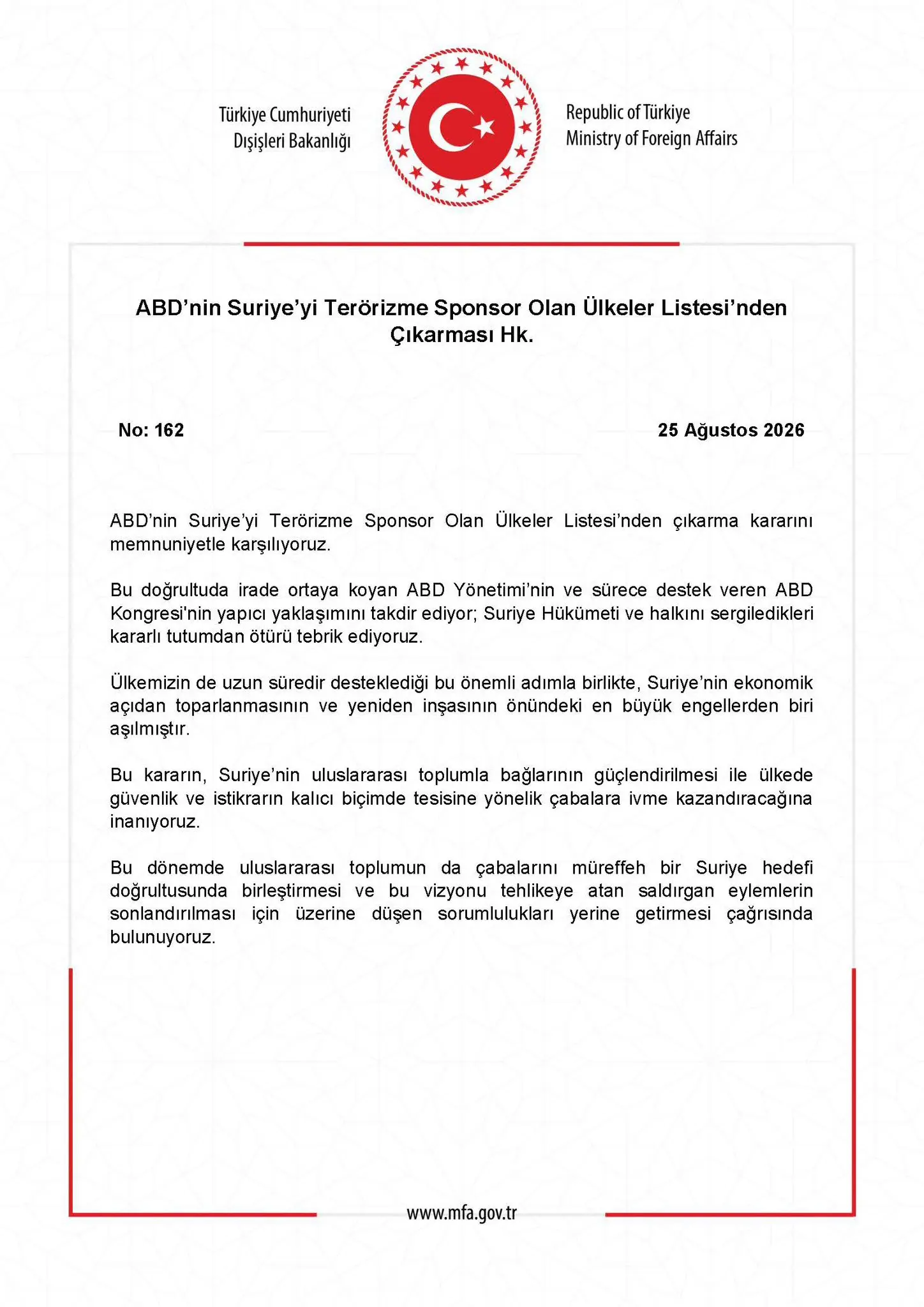 ABD, Suriye'yi Terörizmi Destekleyen Ülkeler Listesinden Çıkardı