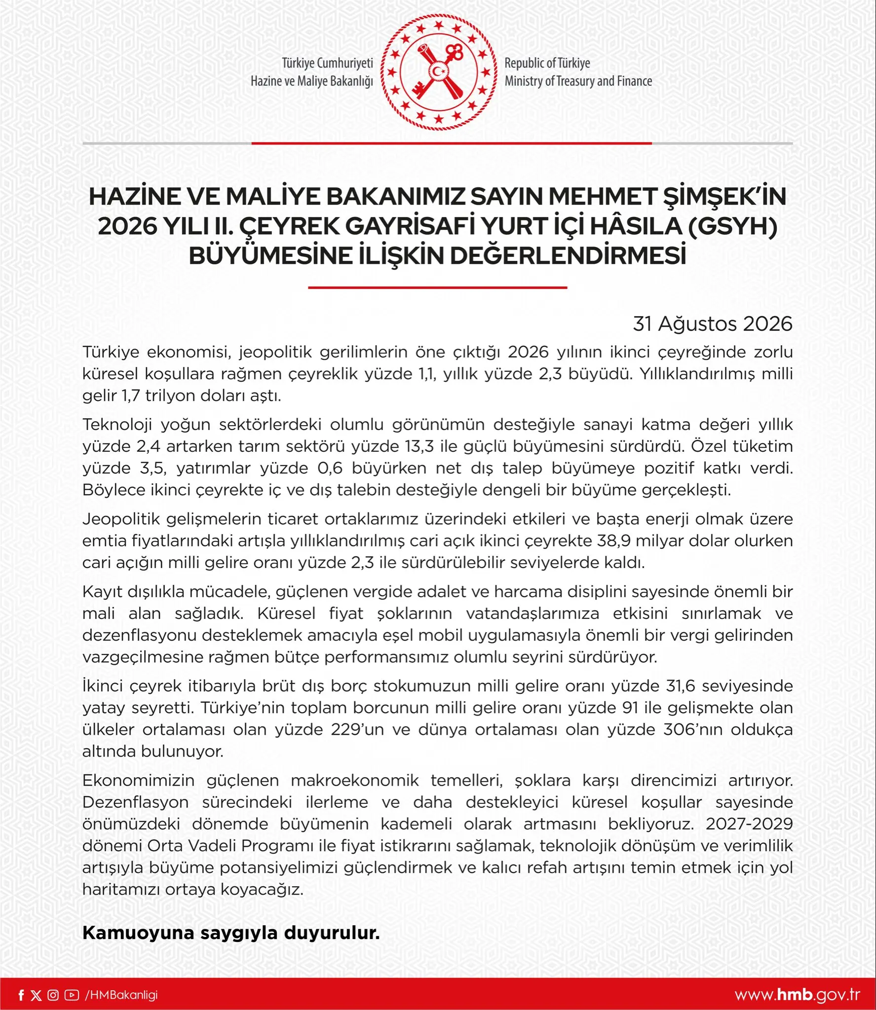 Hazine ve Maliye Bakanı Şimşek'ten 2026 GSYH Değerlendirmesi