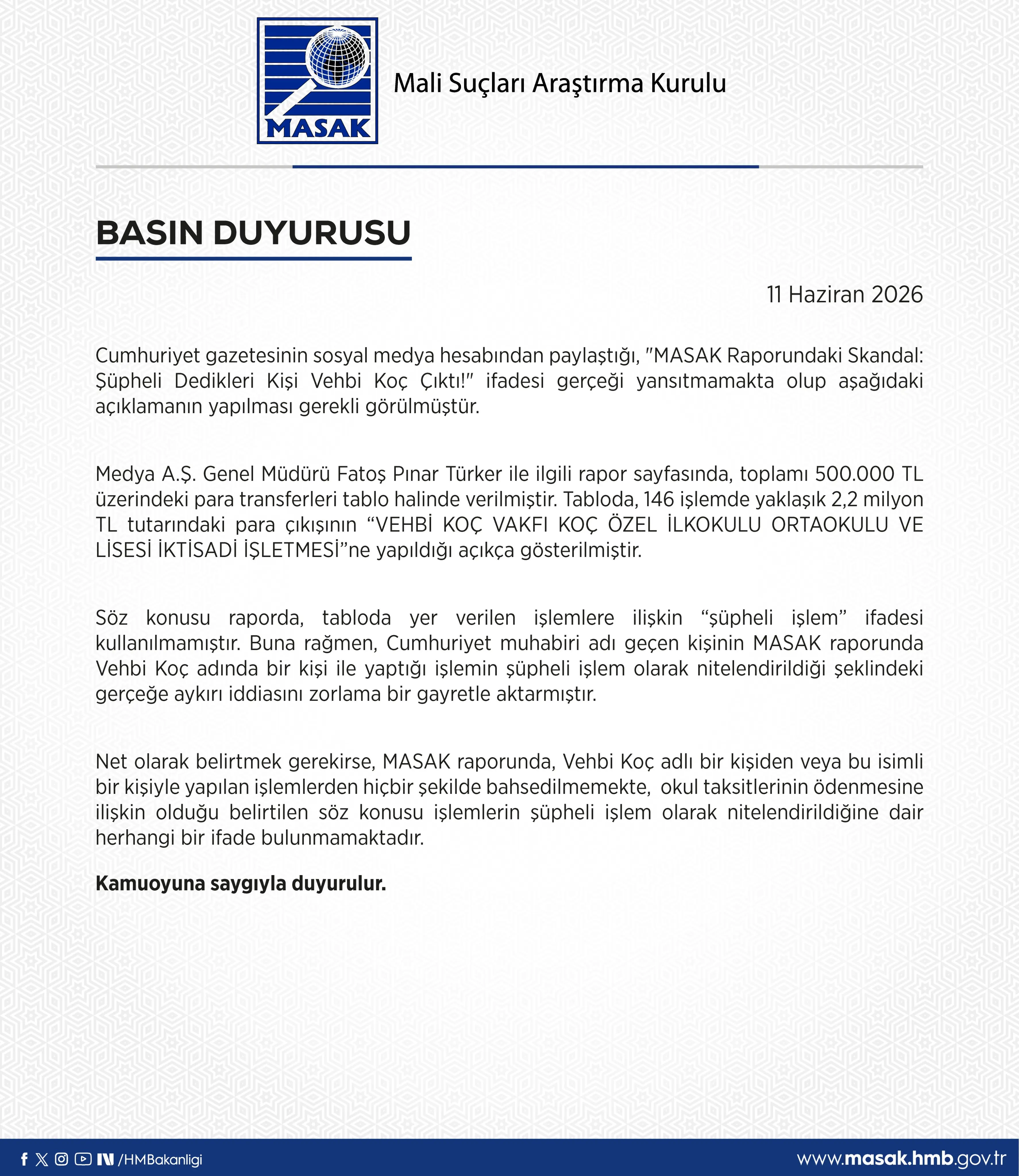 MASAK Başkanlığı'ndan 11 Haziran 2026 Duyurusu