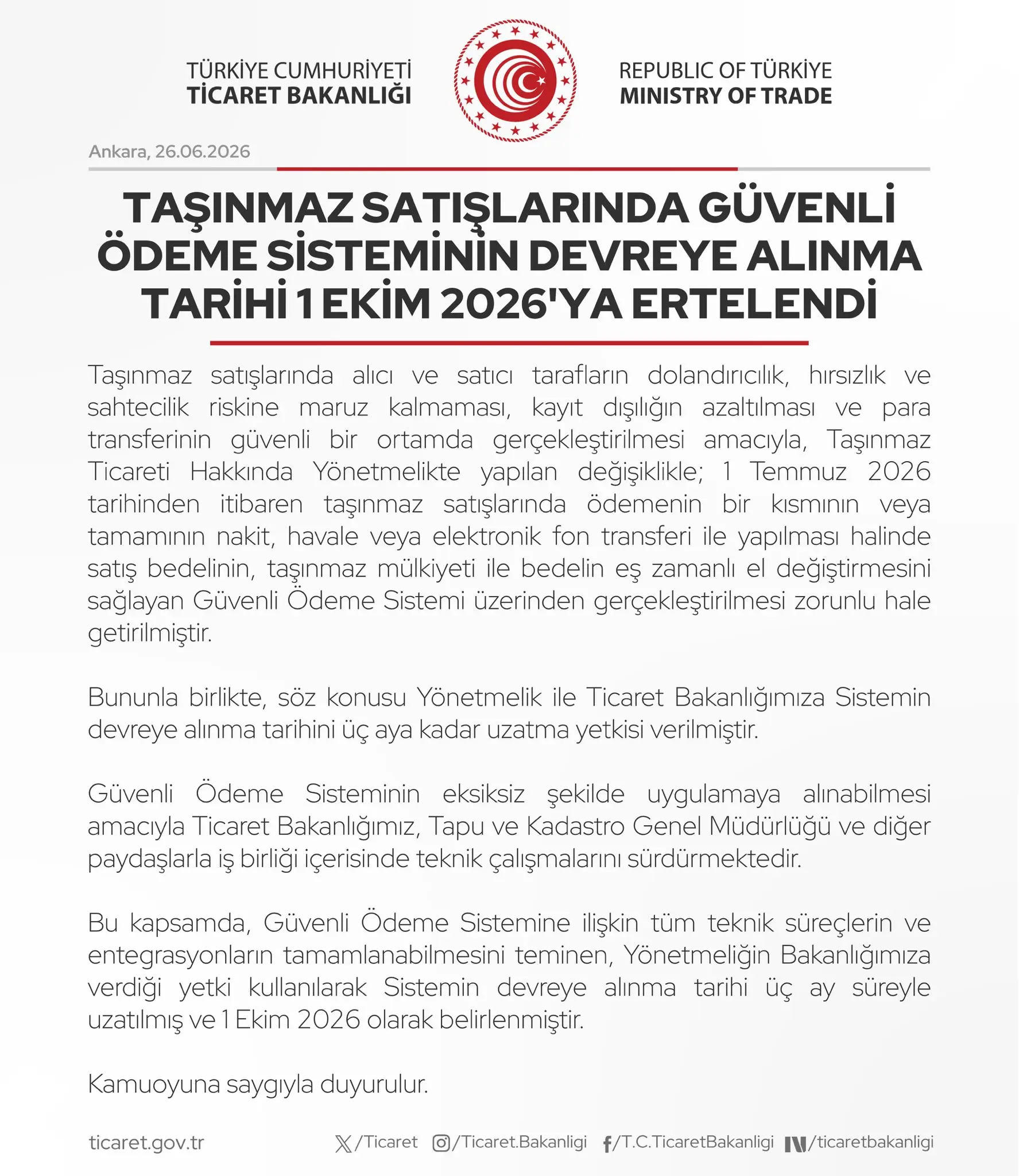 Gayrimenkul satışları için güvenli ödeme sistemi ertelendi