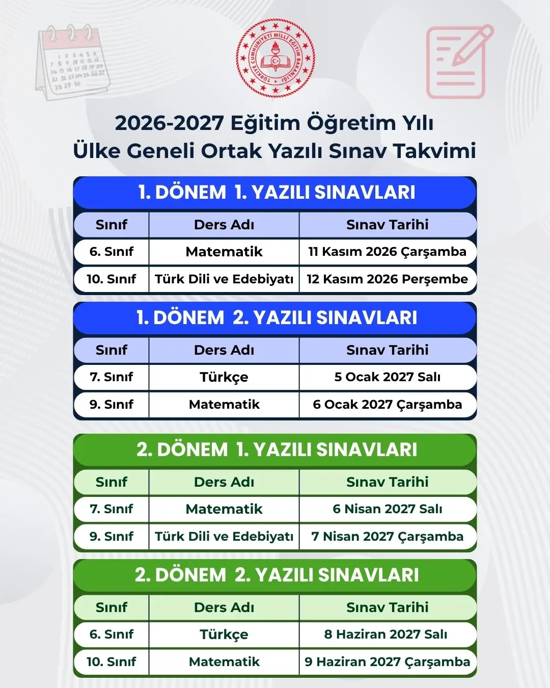 2026-2027 Akademik Yılı Sınav Takvimi Açıklandı