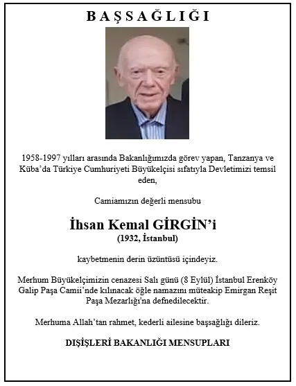 Emekli Büyükelçi İhsan Kemal Girgin'in Vefatı