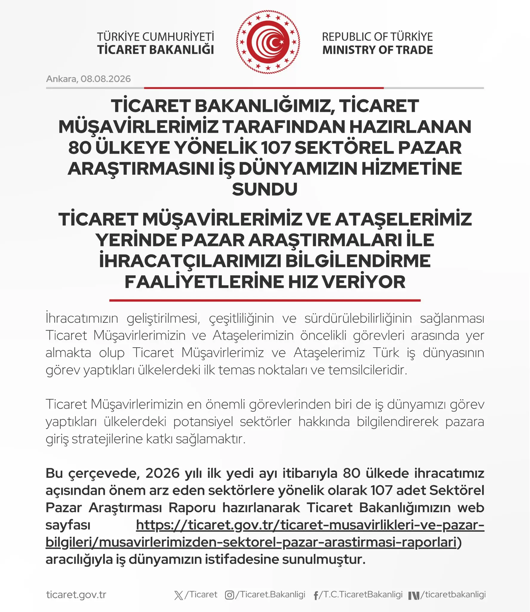 Ticaret Bakanlığı'ndan 107 Pazar Araştırma Raporu