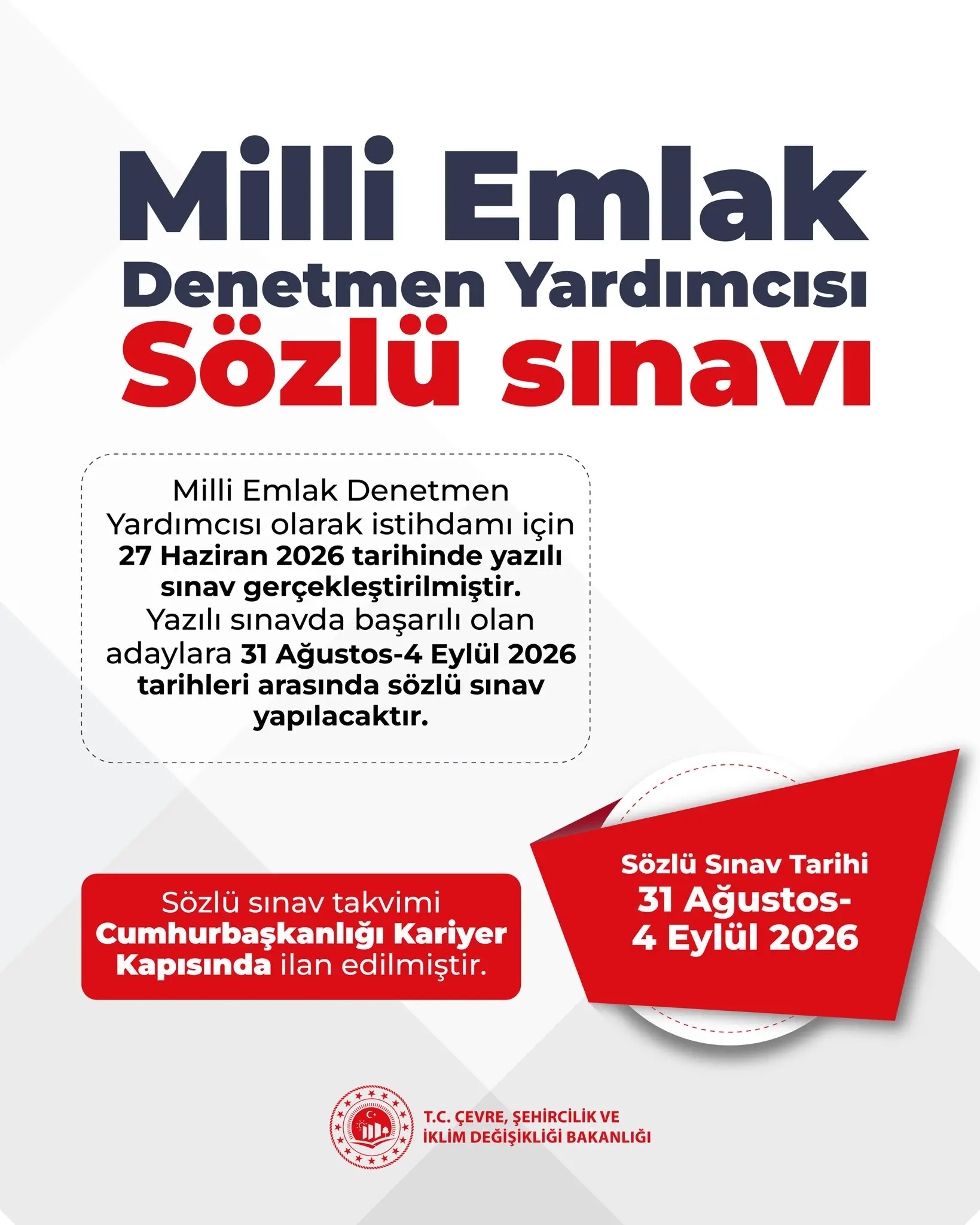 Milli Emlak Denetmen Yardımcılığı sınav tarihi açıklandı