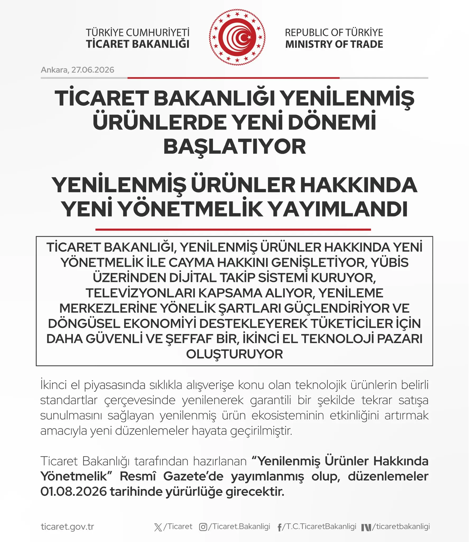 Ticaret Bakanlığı, yenilenmiş ürünler için düzenleme yayınladı