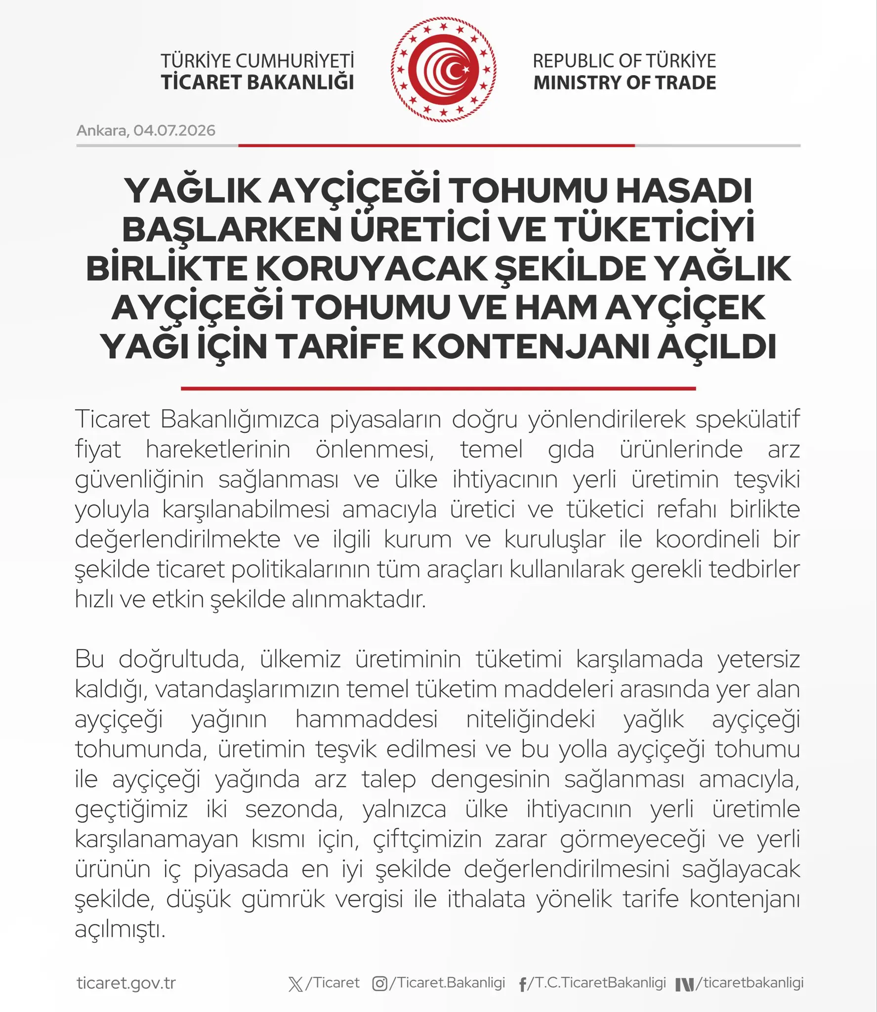 Ayçiçek Yağı İçin Tarife Kontenjanı Açıldı