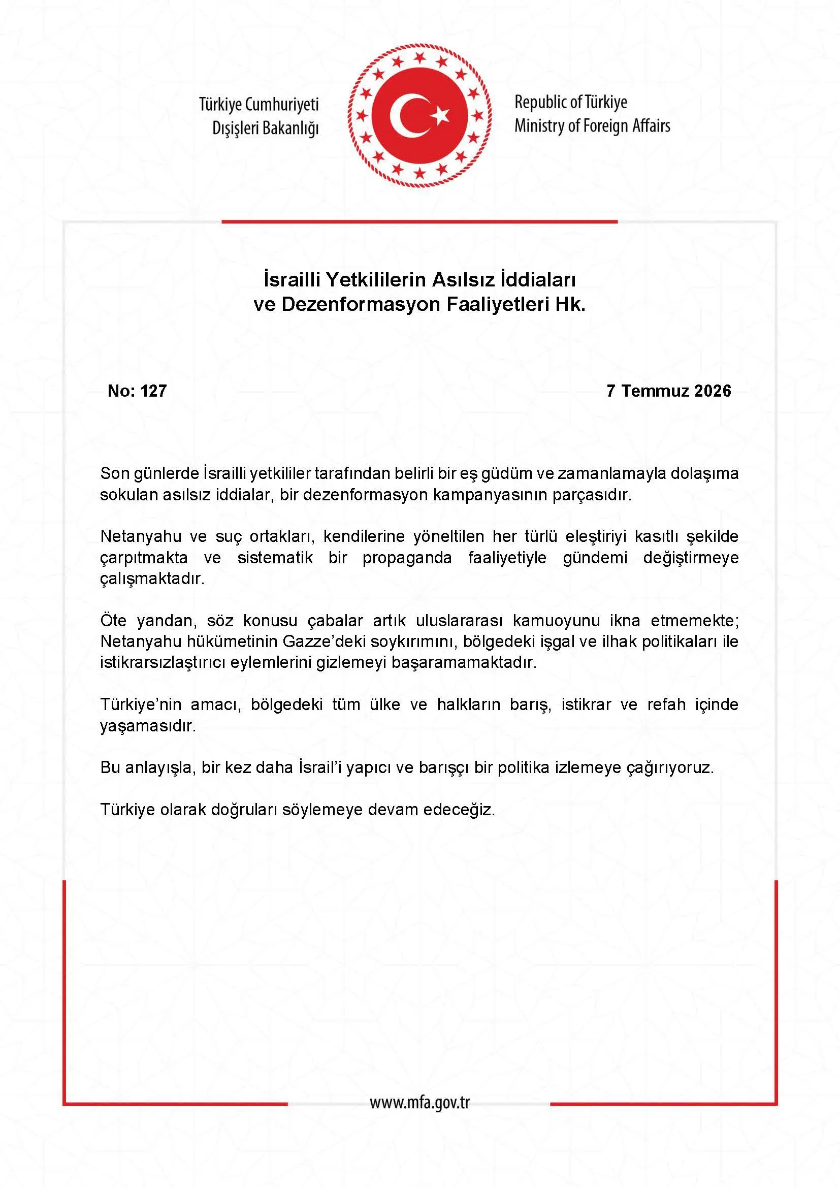 İsrailli yetkililerin iddialarına yönelik açıklama