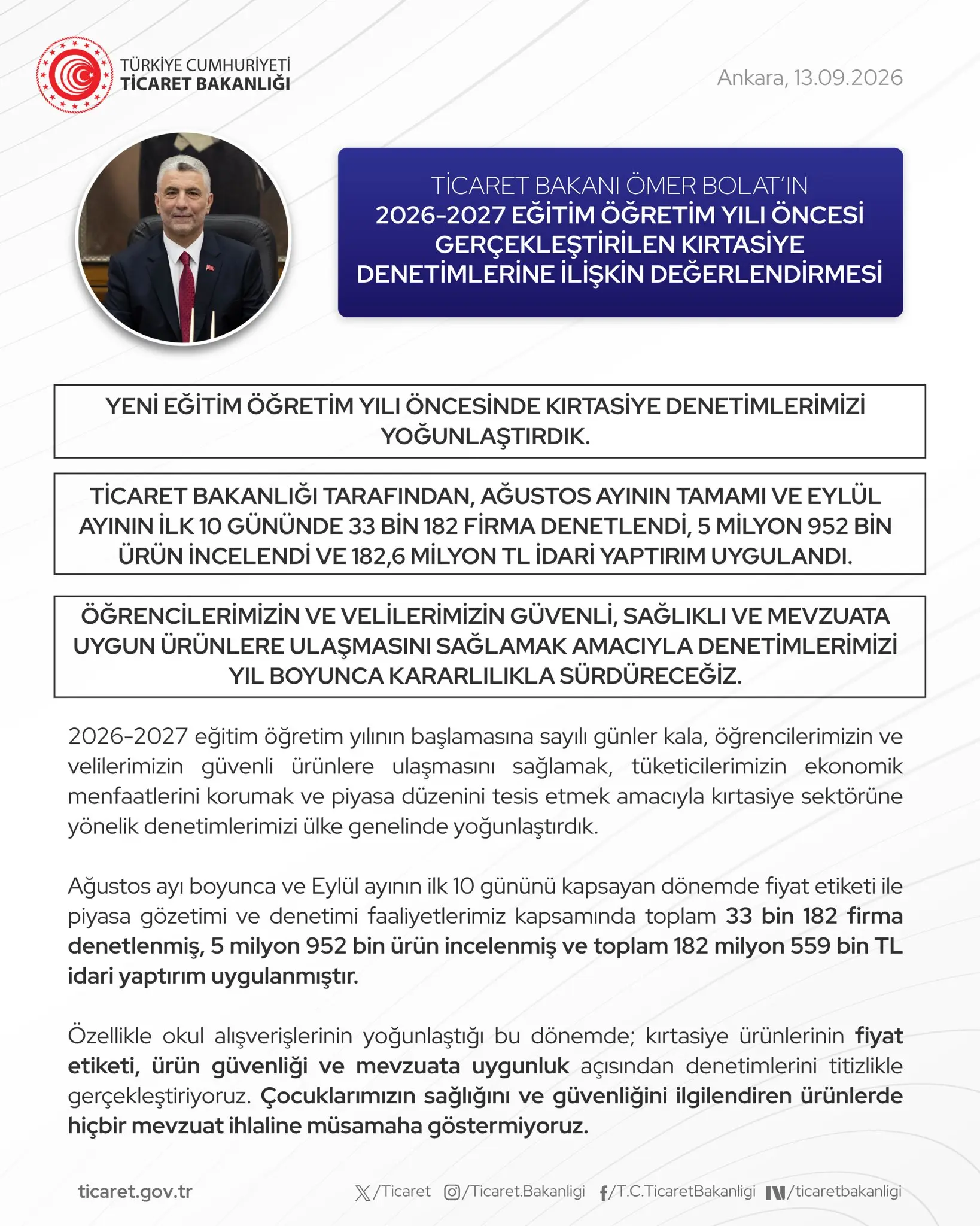 Ticaret Bakanı Ömer Bolat'tan kırtasiye denetimleri değerlendirmesi