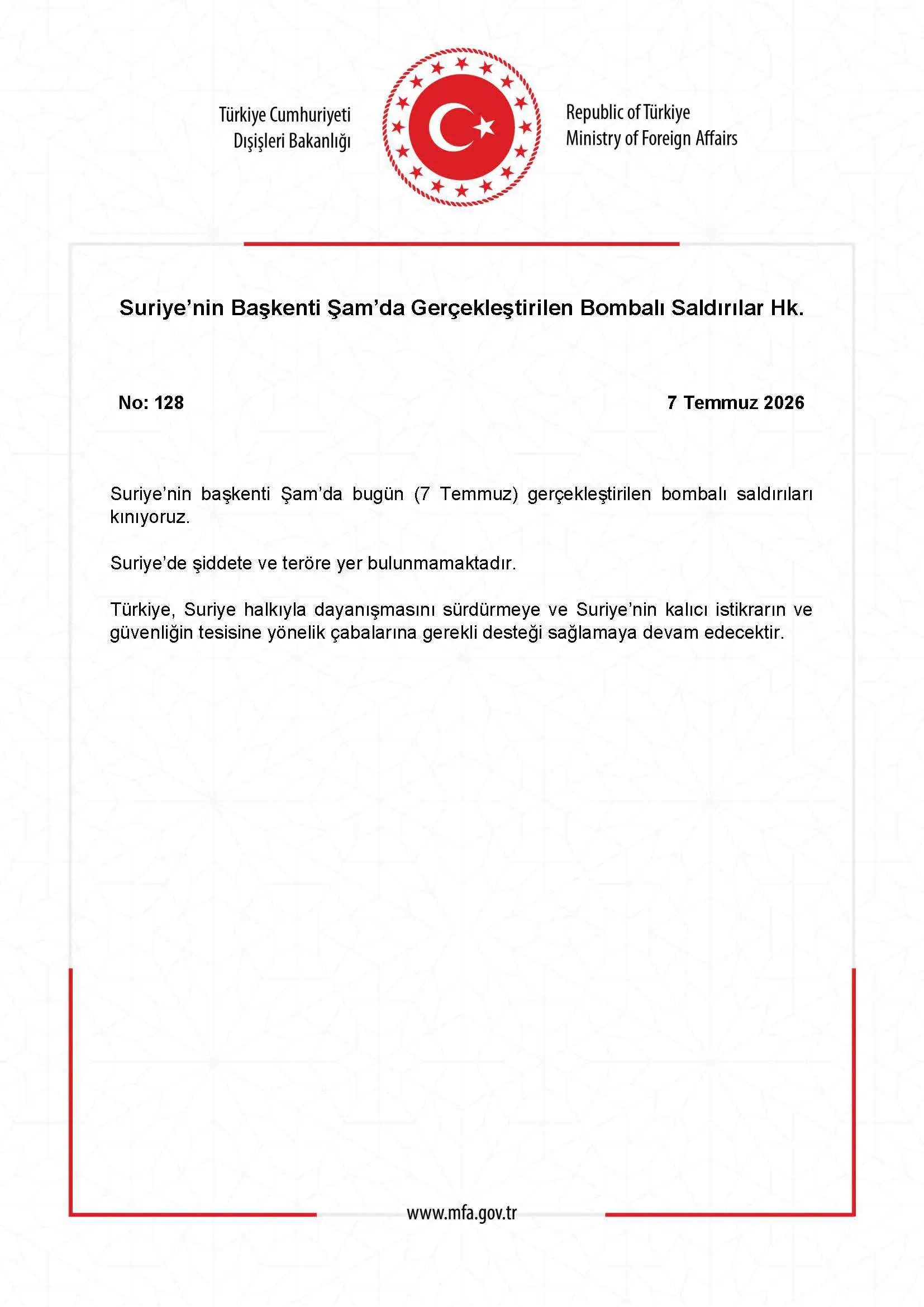 Şam'daki Bombalı Saldırılar Hakkında Açıklama