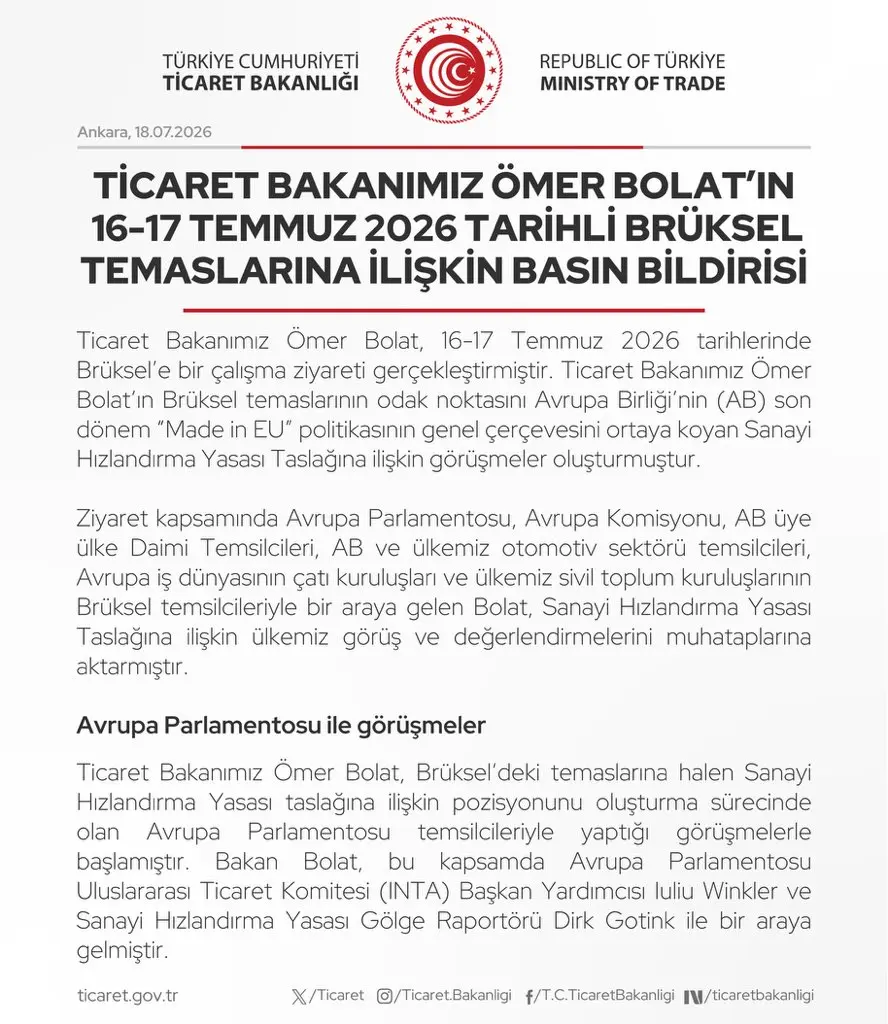 Ömer Bolat'ın Brüksel Temasları Hakkında Basın Açıklaması