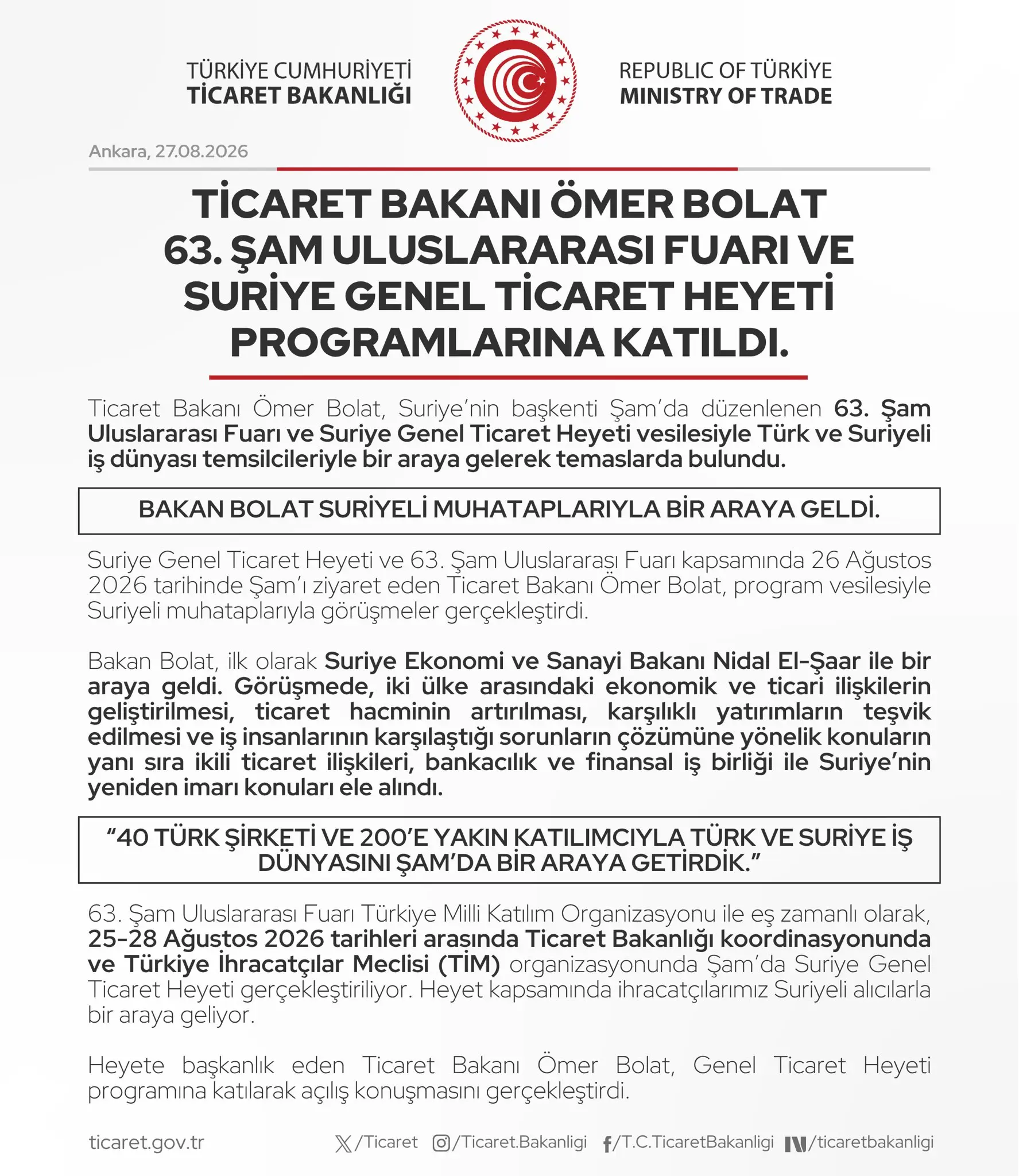 Ömer Bolat, 63. Şam Uluslararası Fuarı'na katıldı
