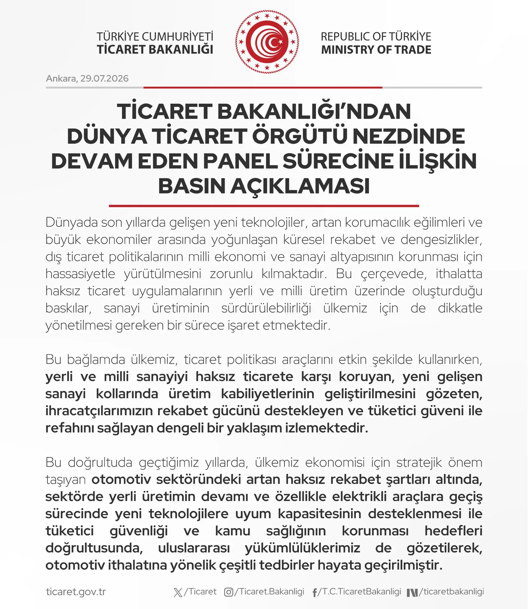 Ticaret Bakanlığı'ndan WTO Panel Süreci Açıklaması