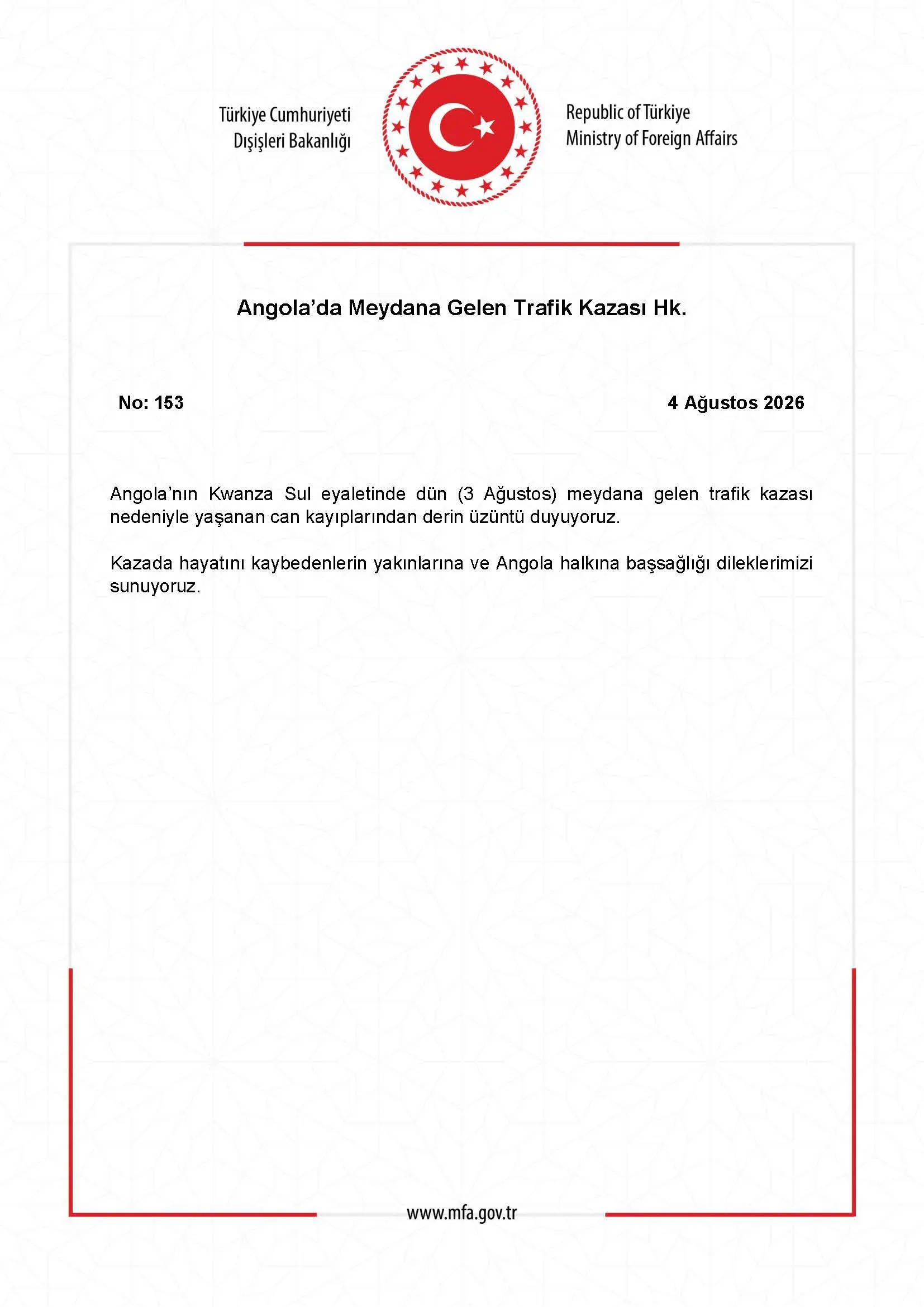 Angola'daki Trafik Kazası Hakkında Açıklama