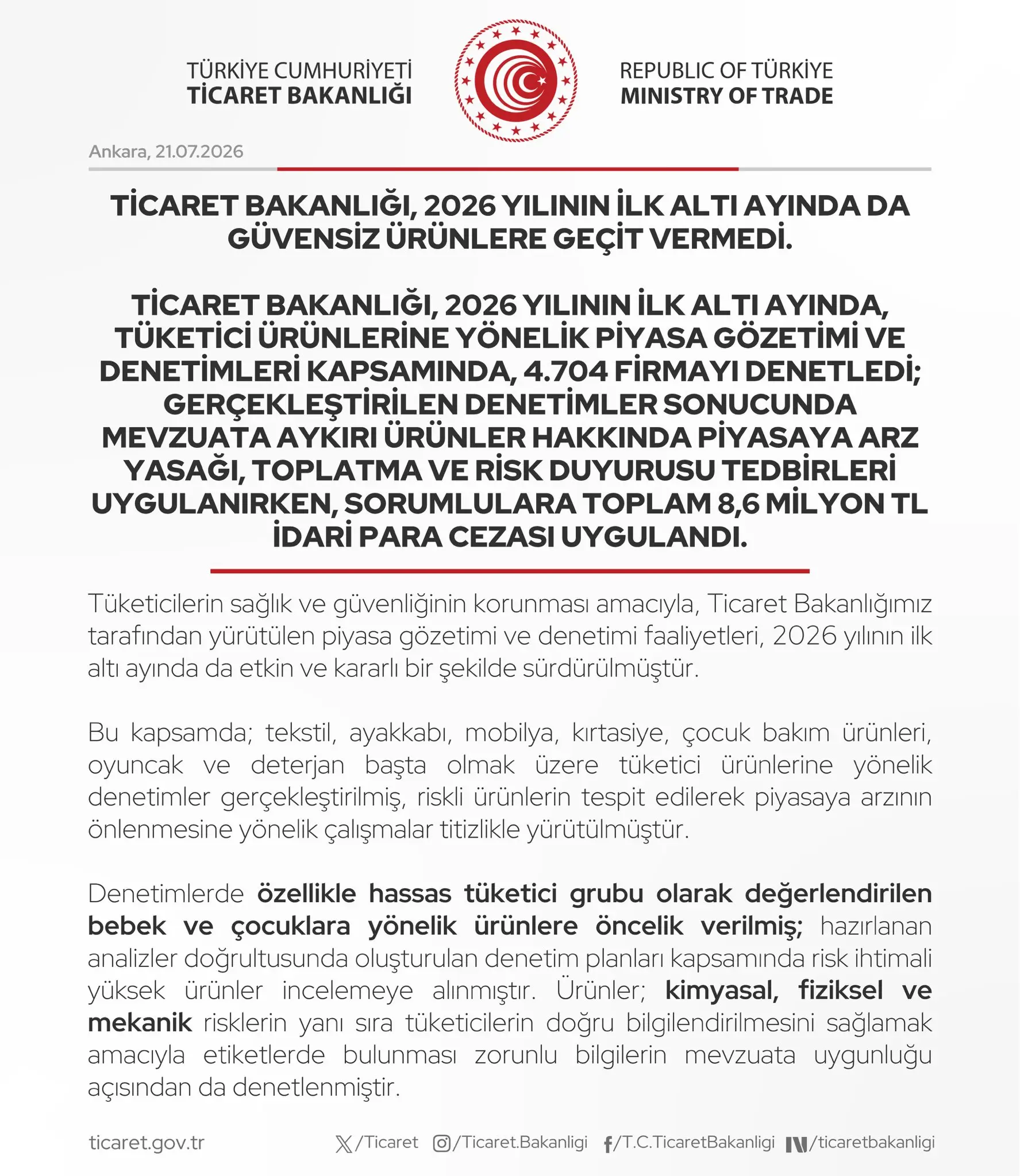 Ticaret Bakanlığı, 2026'da 4,704 şirket denetledi