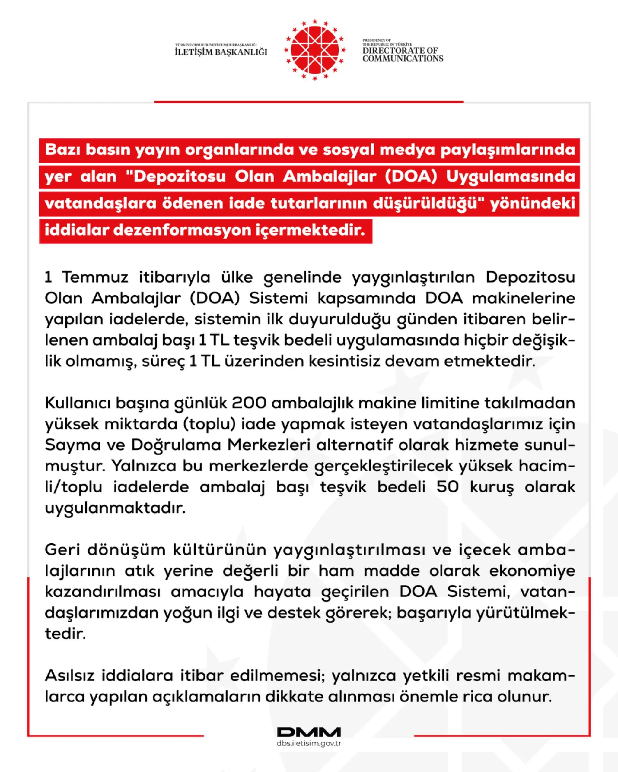 DOA uygulamasında iade tutarları değişmediği belirtildi