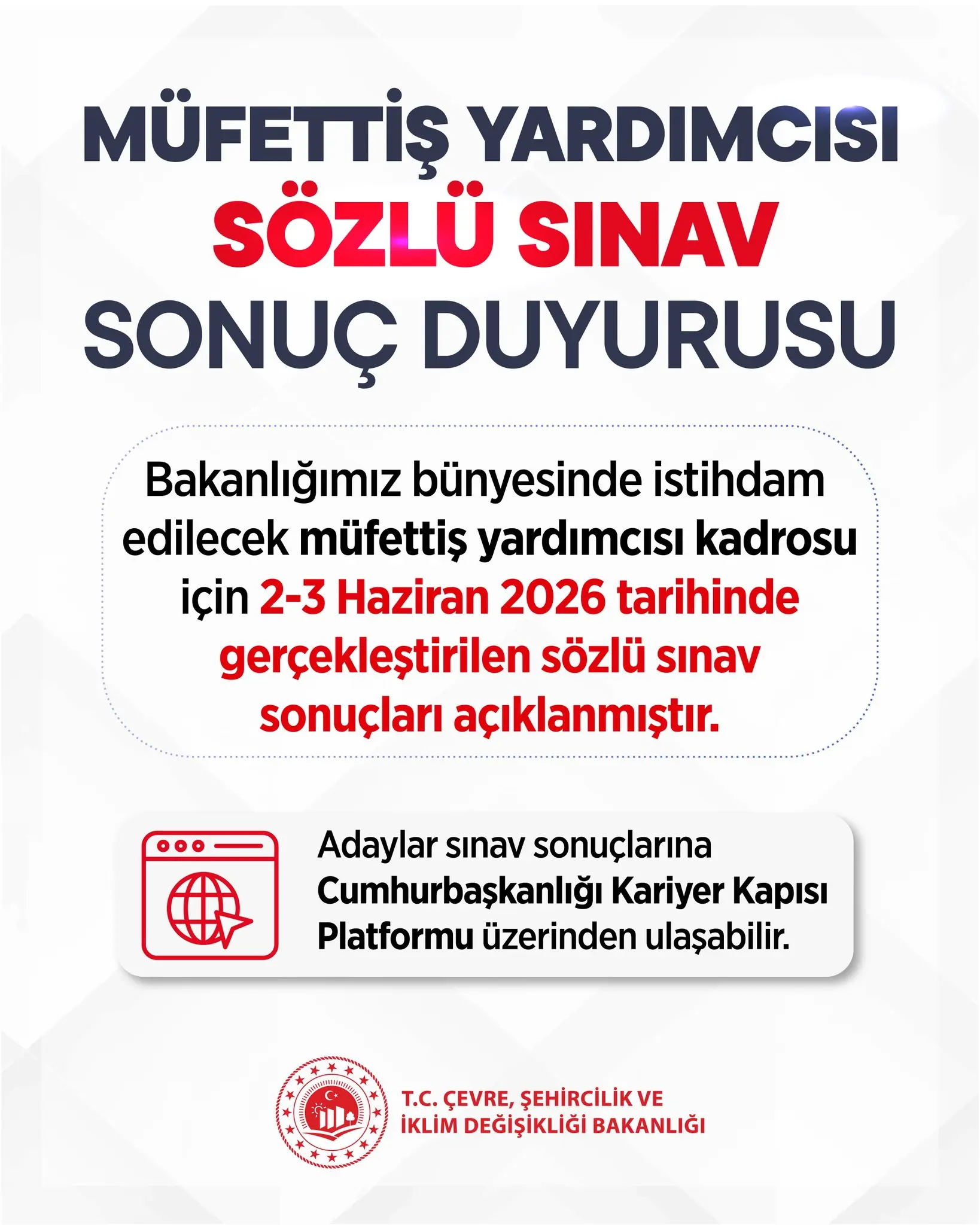 Müfettiş Yardımcılığı sınav sonuçları açıklandı