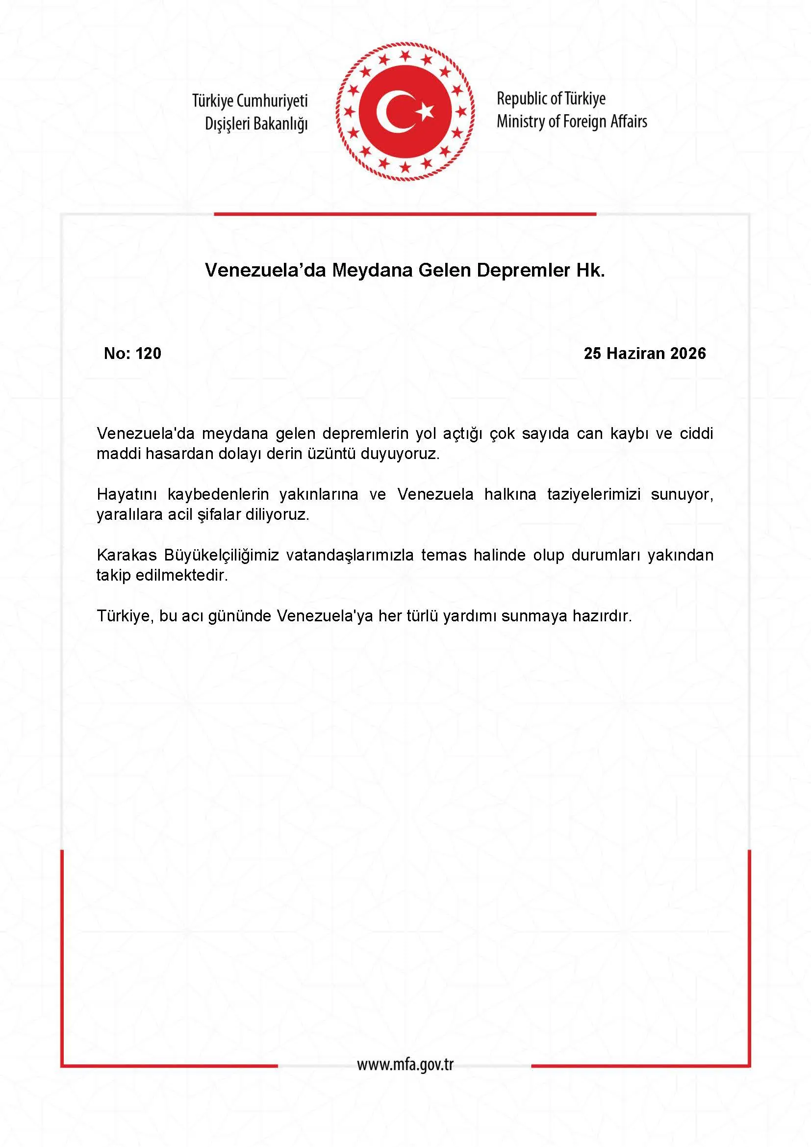 Venezuela'daki Depremlerle İlgili Açıklama