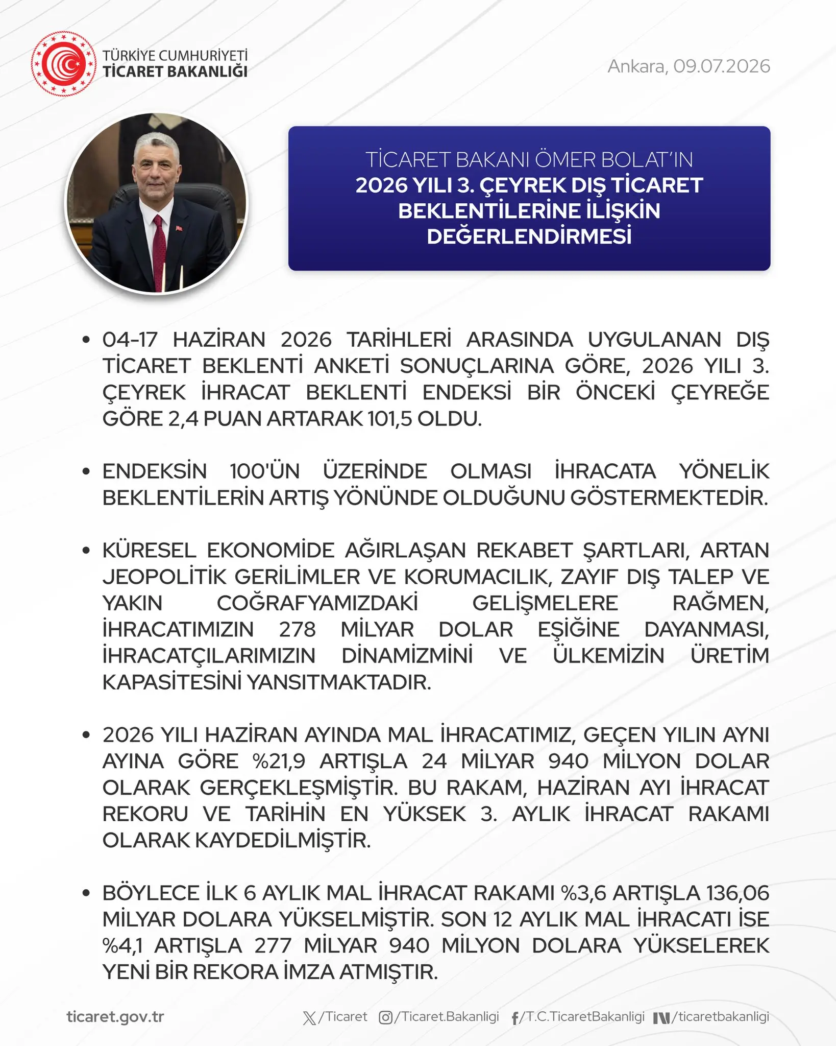 Ömer Bolat, 2026 Üçüncü Çeyrek Dış Ticaret Beklentilerini Değerlendirdi