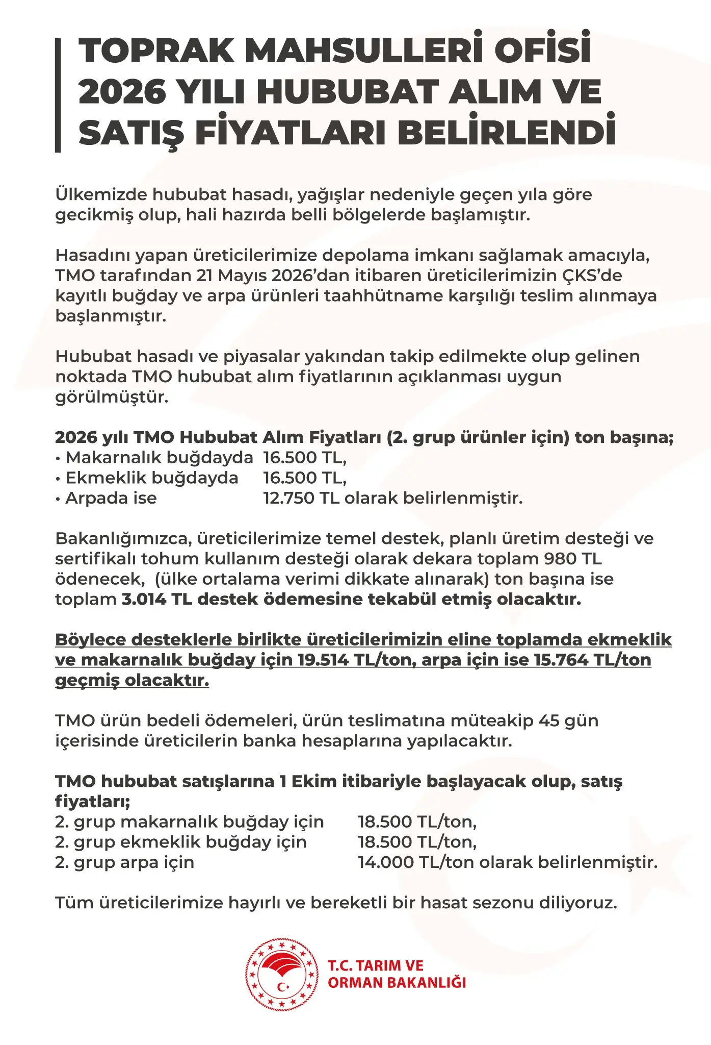 2026 yılı hububat alım ve satış fiyatları açıklandı