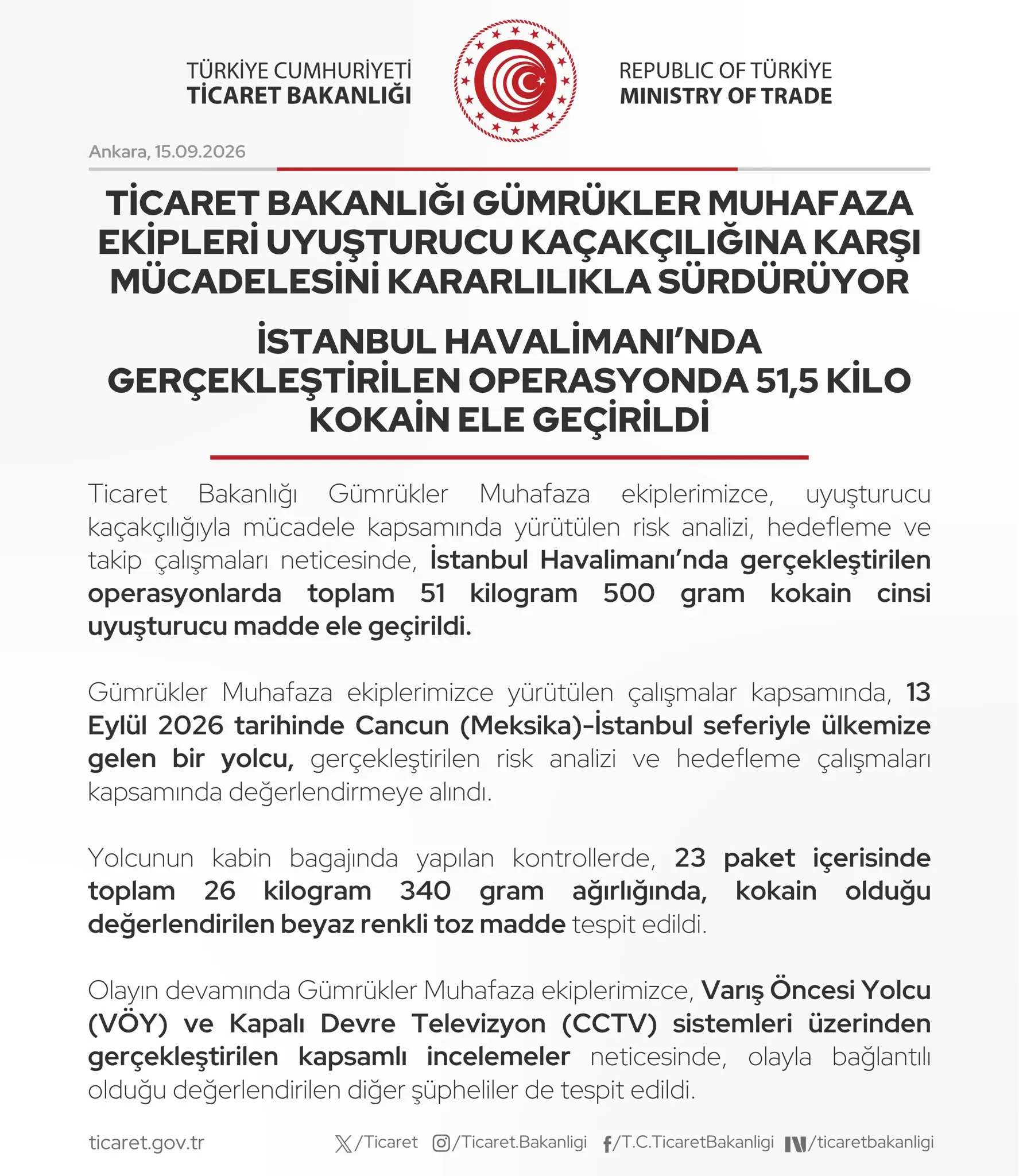 İstanbul Havalimanı'nda 51.5 kilogram kokain ele geçirildi