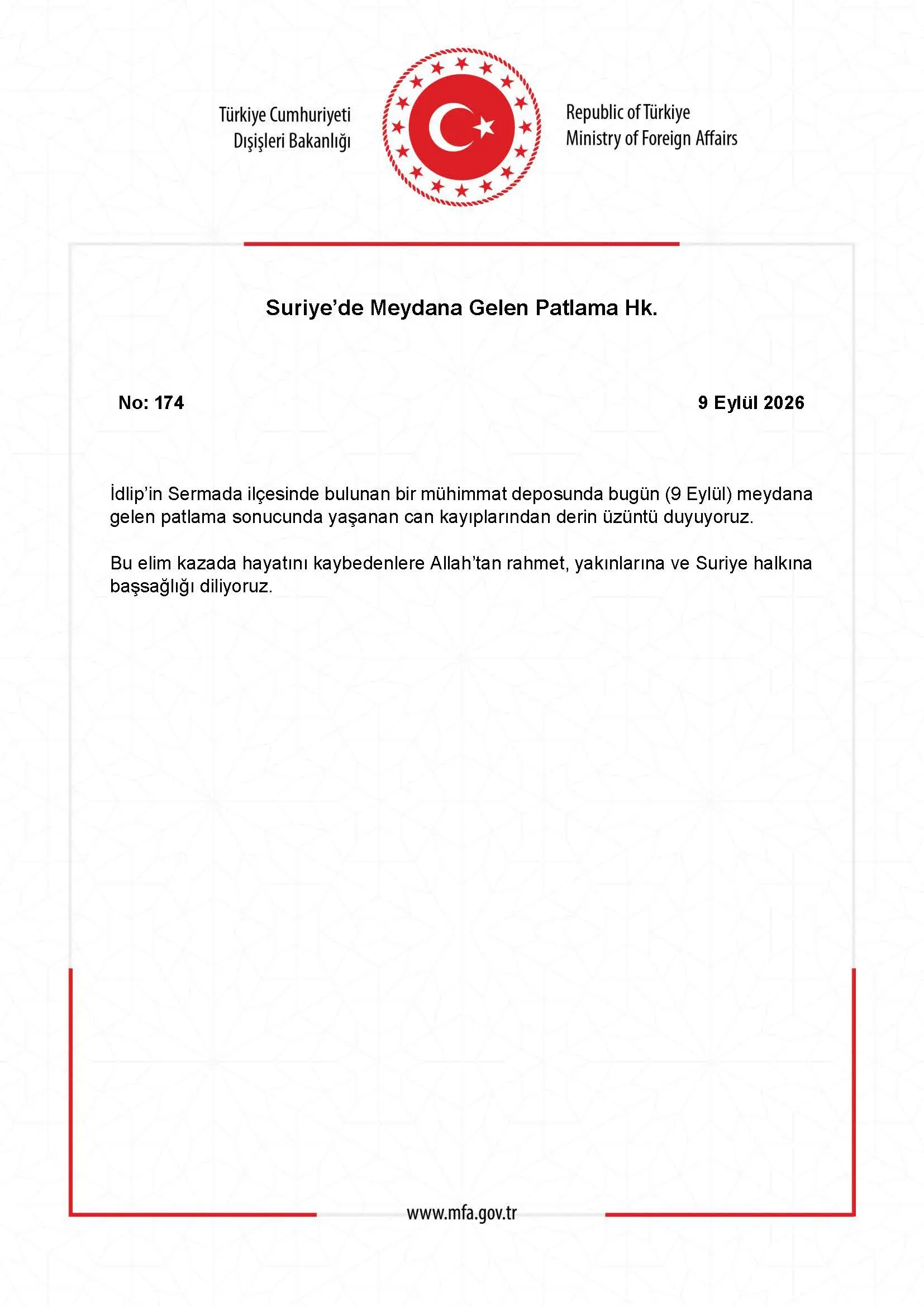 Suriye'deki patlama ile ilgili açıklama yapıldı