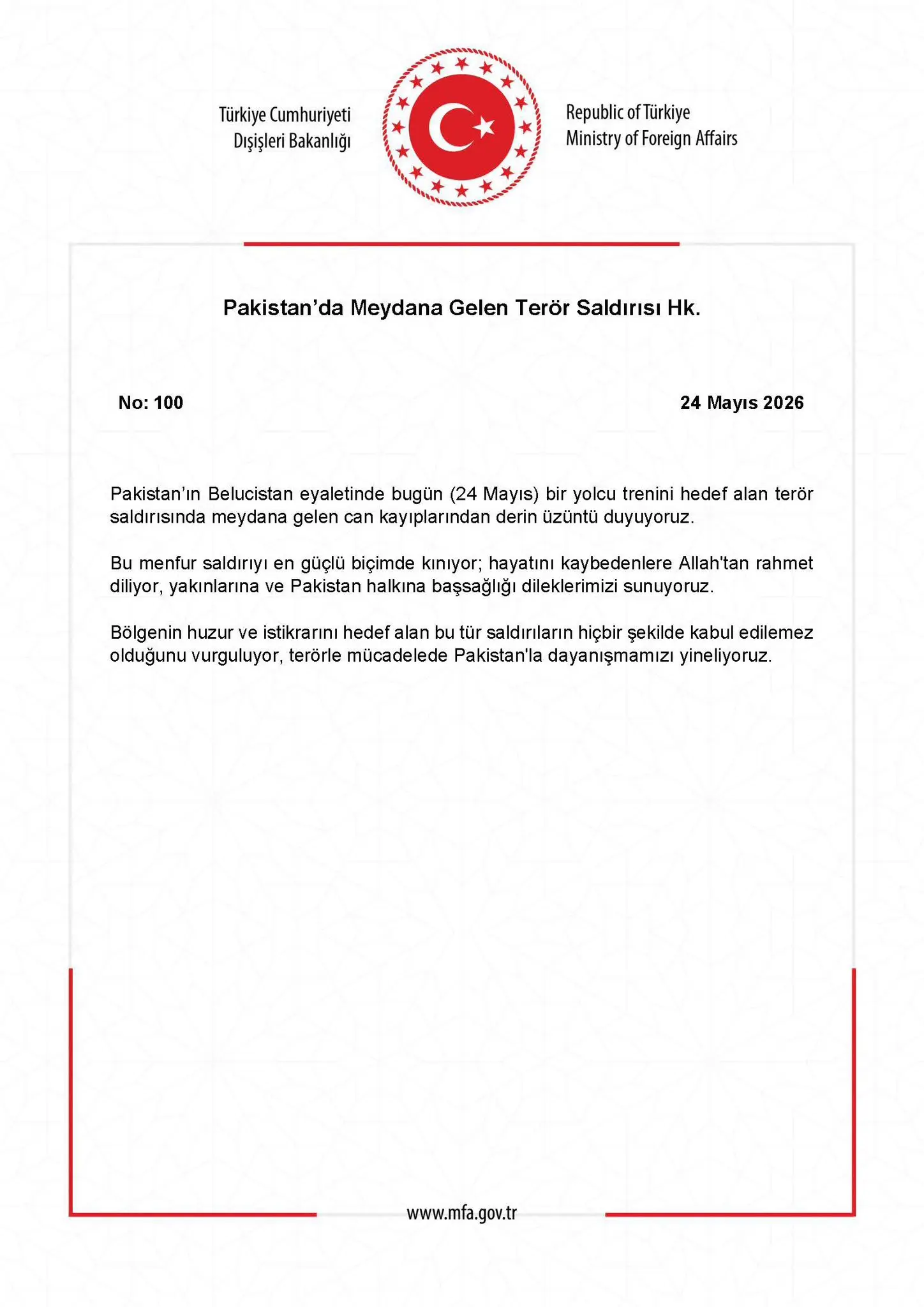 Pakistan'da Gerçekleşen Terör Saldırısı Hakkında Açıklama