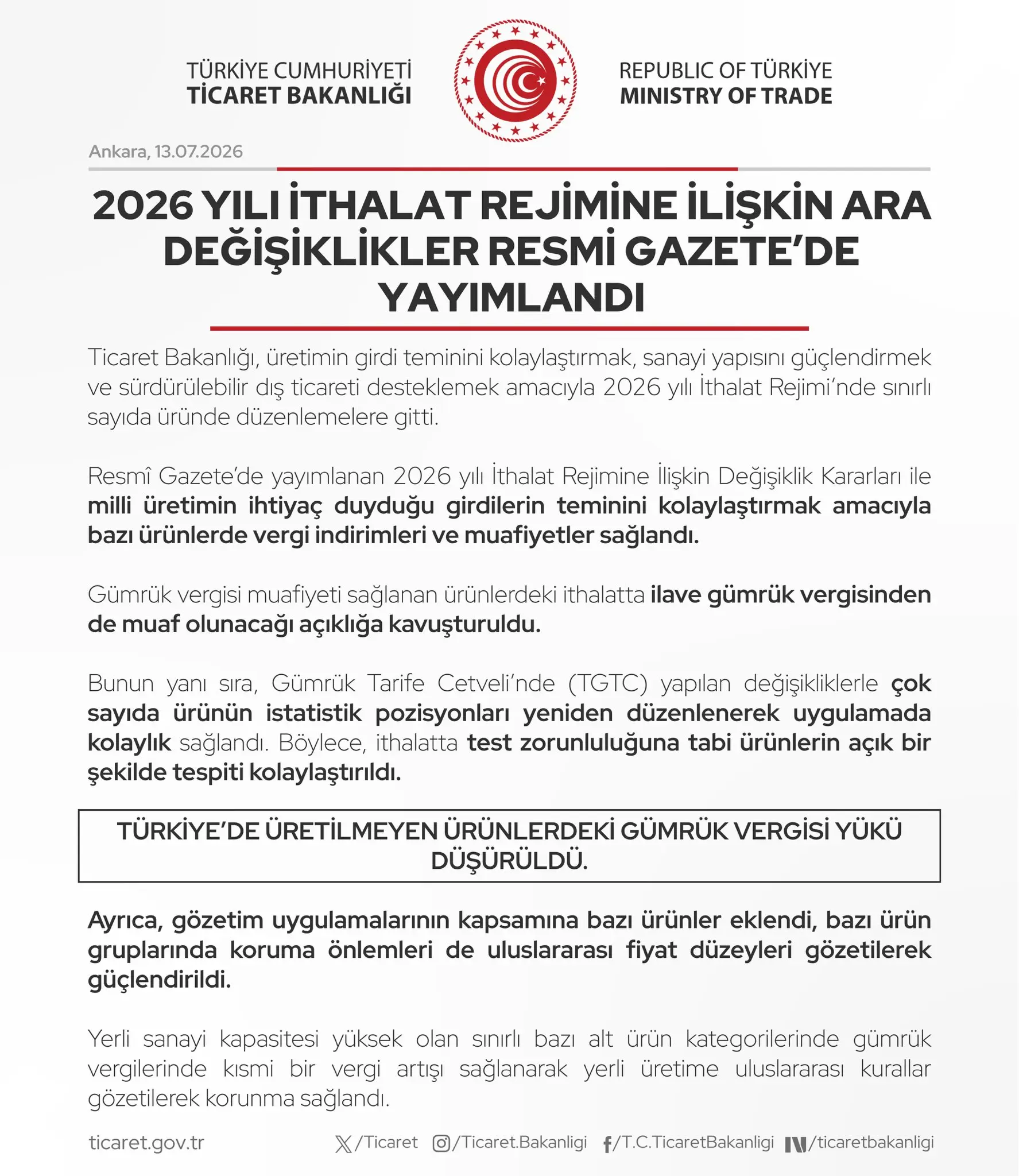 2026 İthalat Rejimi Geçici Değişiklikleri Yayınlandı