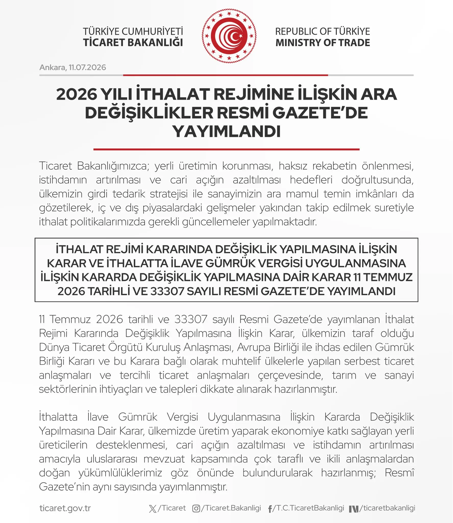 2026 İthalat Rejimi Geçici Değişiklikleri Yayınlandı