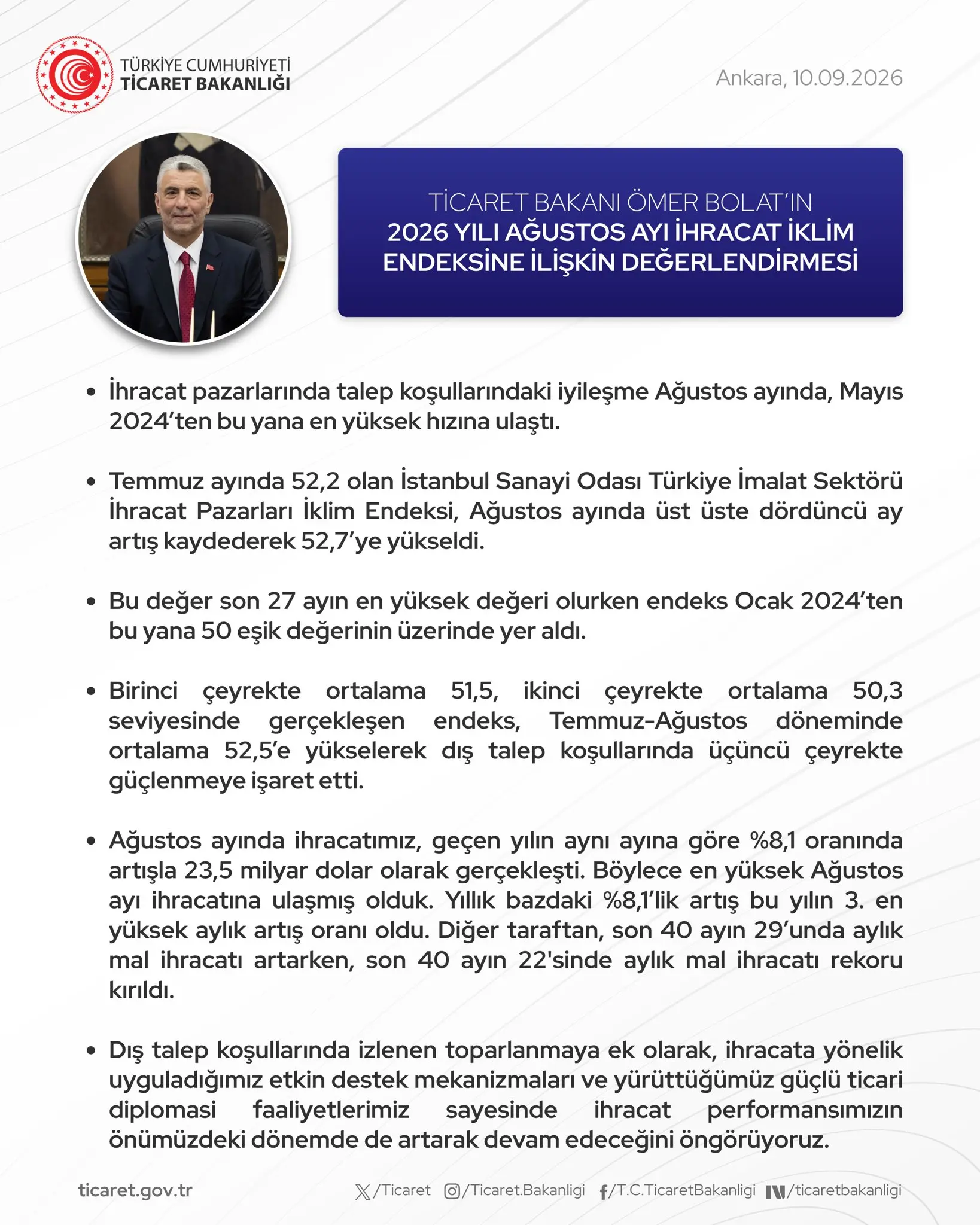 Ticaret Bakanı Bolat'tan İhracat İklim Endeksi Değerlendirmesi