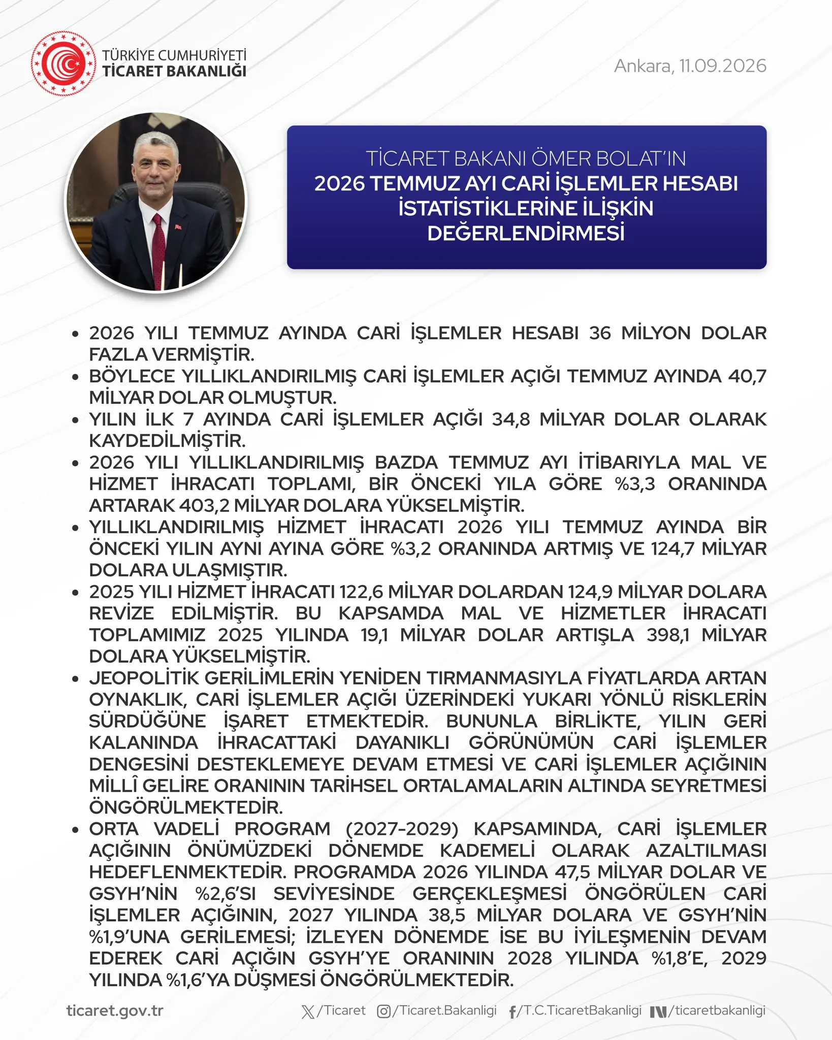 Ticaret Bakanı Bolat, Cari İşlem Açığını Değerlendirdi