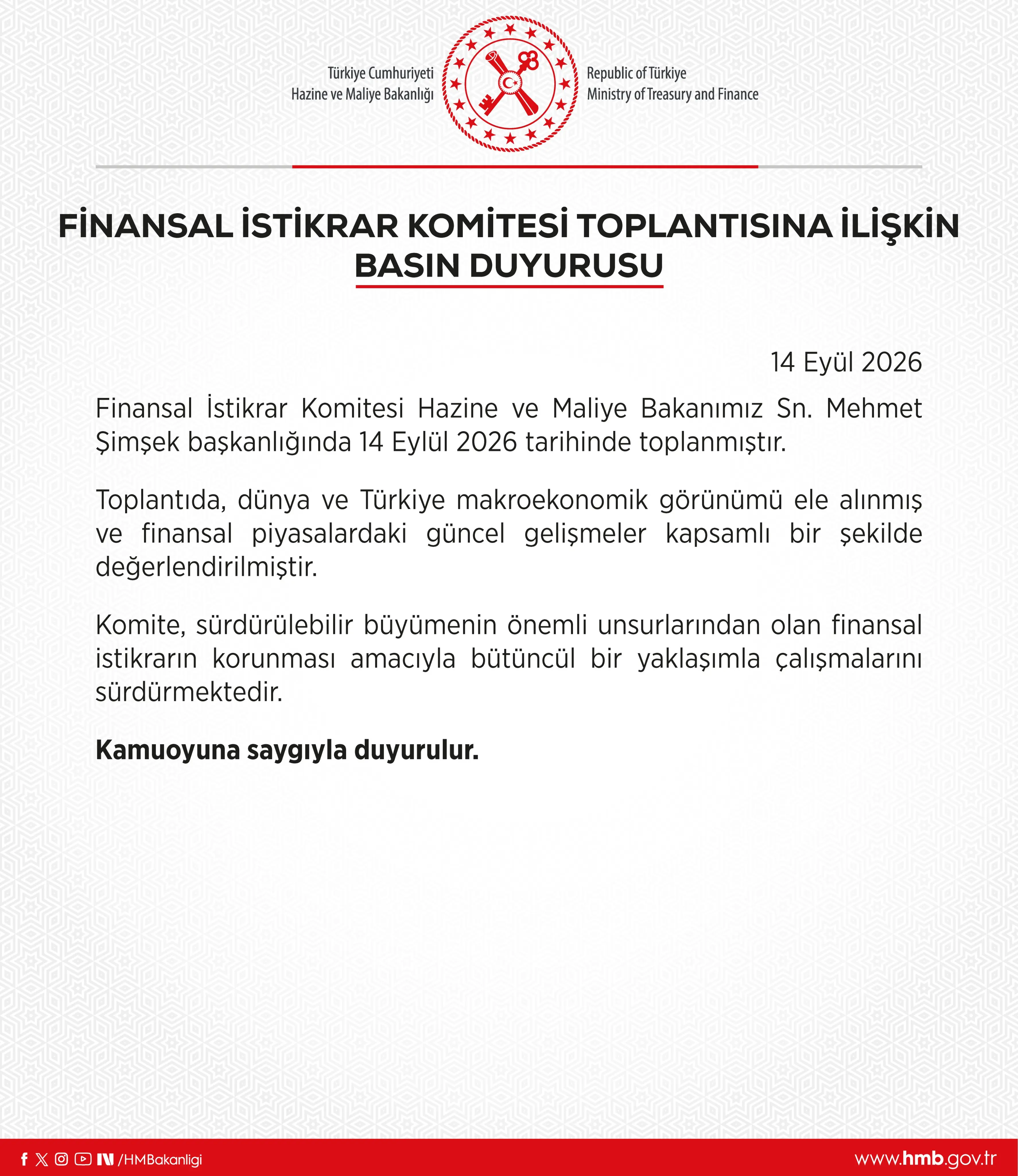 Finansal İstikrar Komitesi Toplantısı Duyurusu