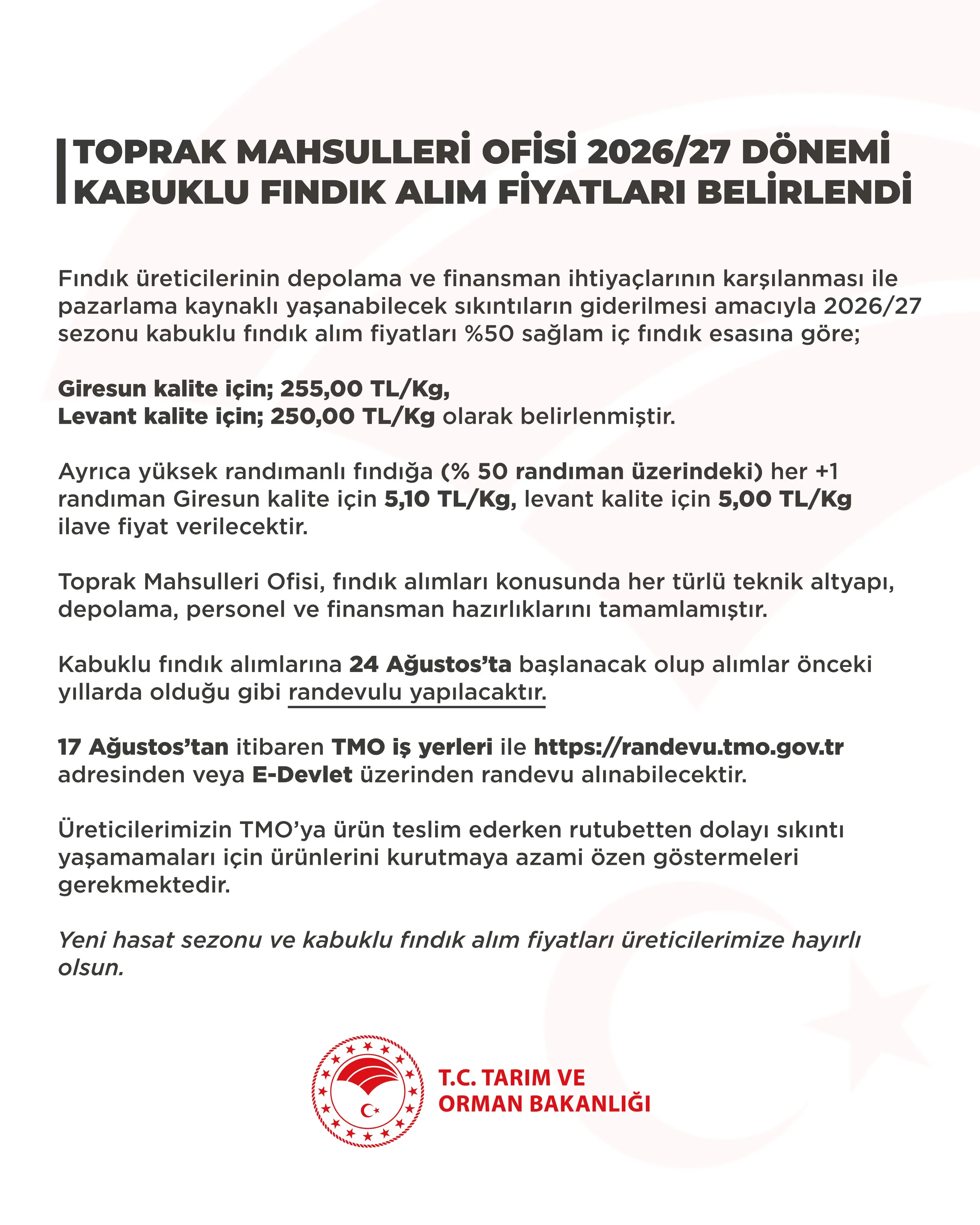 Kabuklu fındık alım fiyatları açıklandı