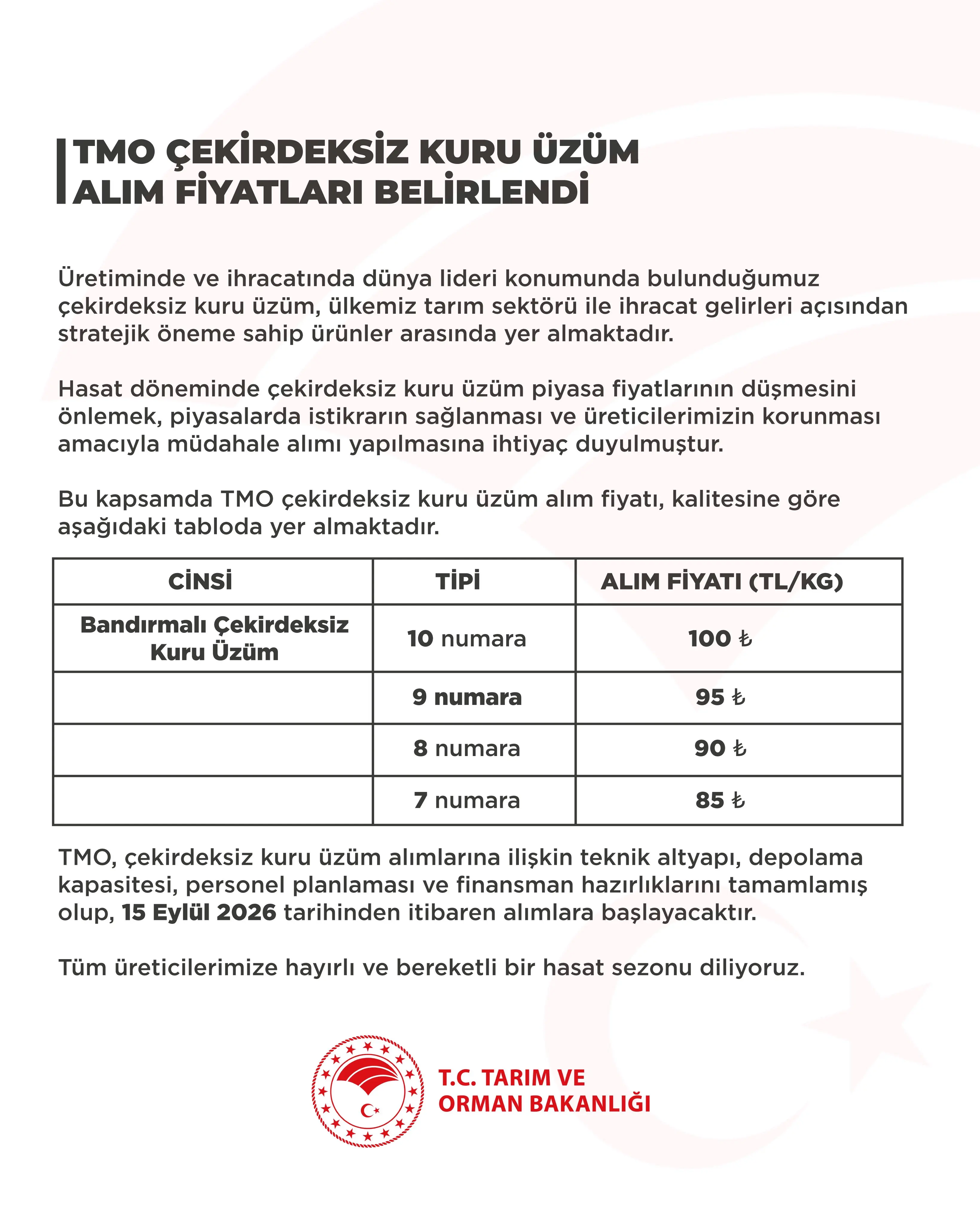 TMO çekirdeksiz kuru üzüm alım fiyatlarını açıkladı