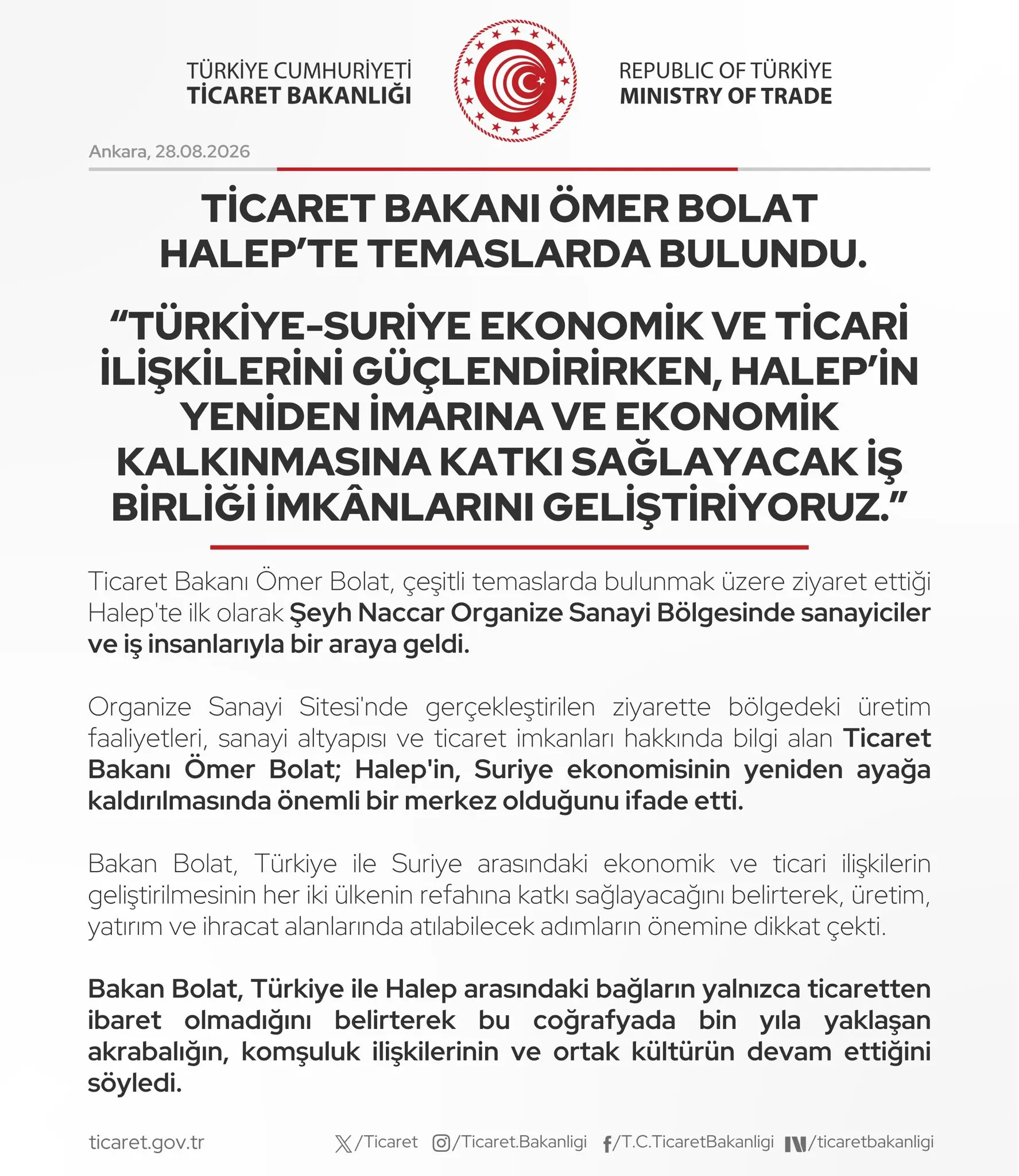 Ömer Bolat, Halep'te ekonomik ilişkileri güçlendirdi