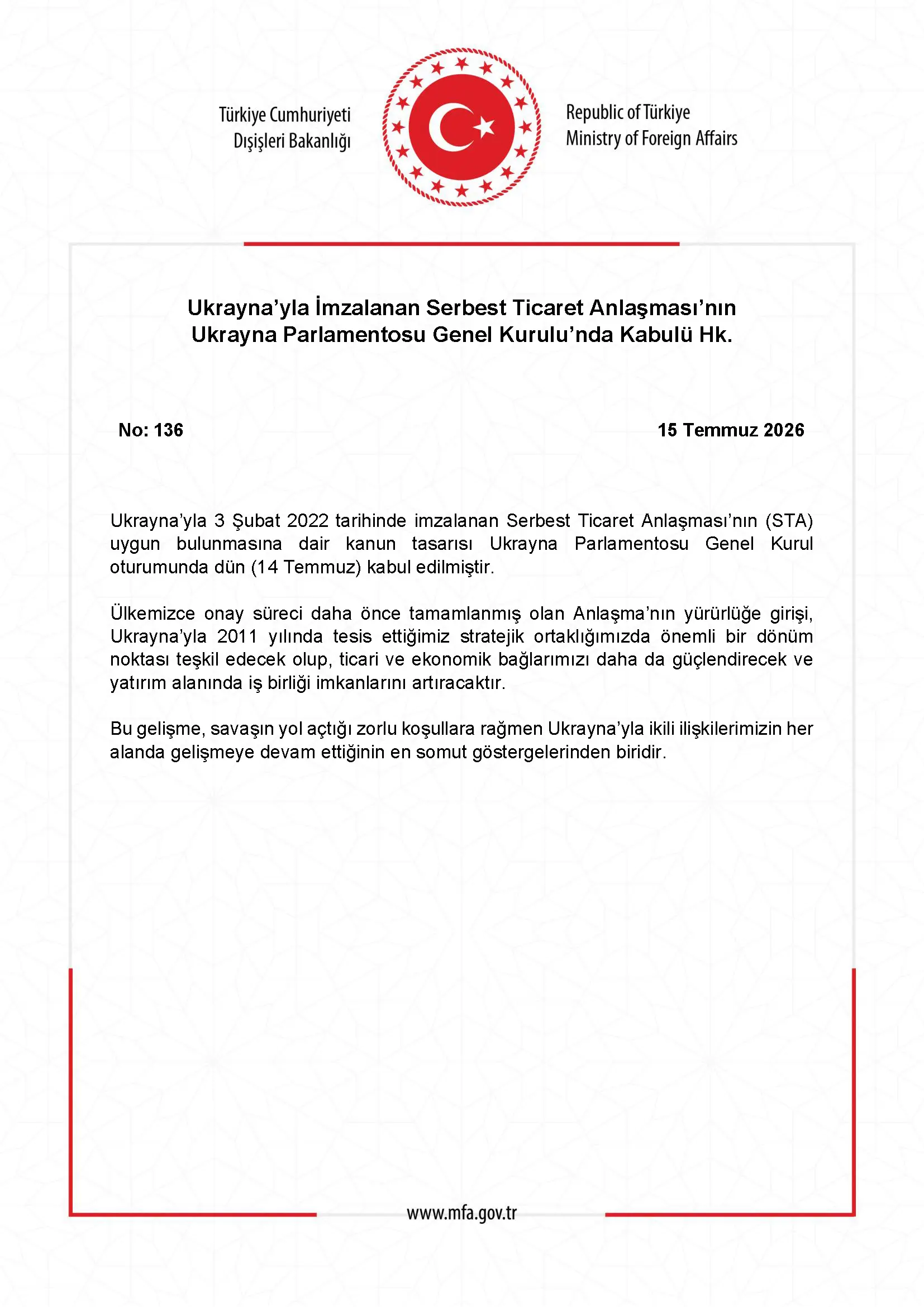 Ukrayna Parlamentosu Serbest Ticaret Anlaşmasını Onayladı
