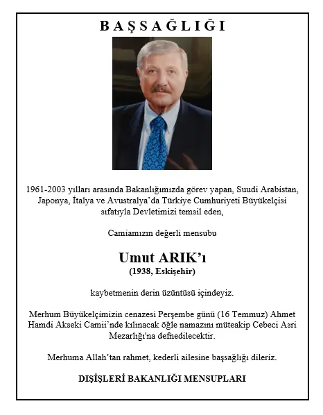Emekli Büyükelçi Umut Arık hayatını kaybetti