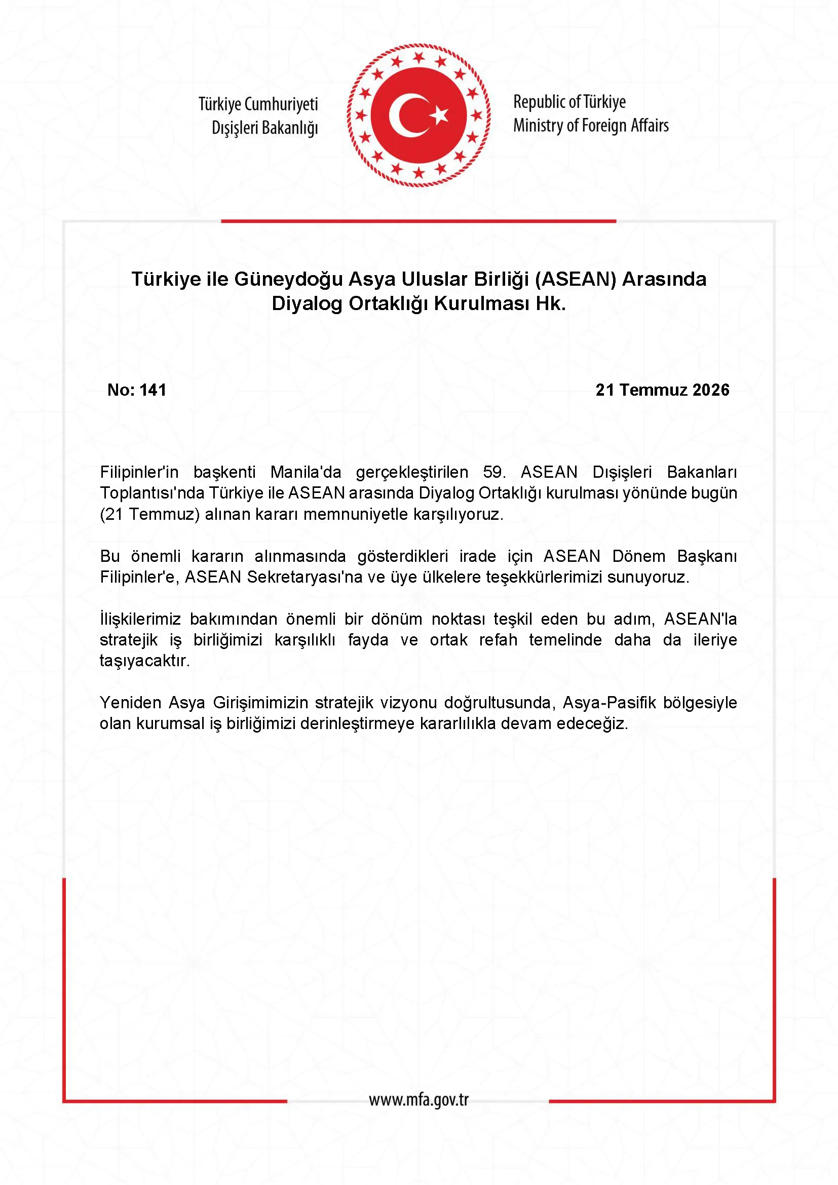 Türkiye ve ASEAN arasında diyalog ortaklığı kuruldu