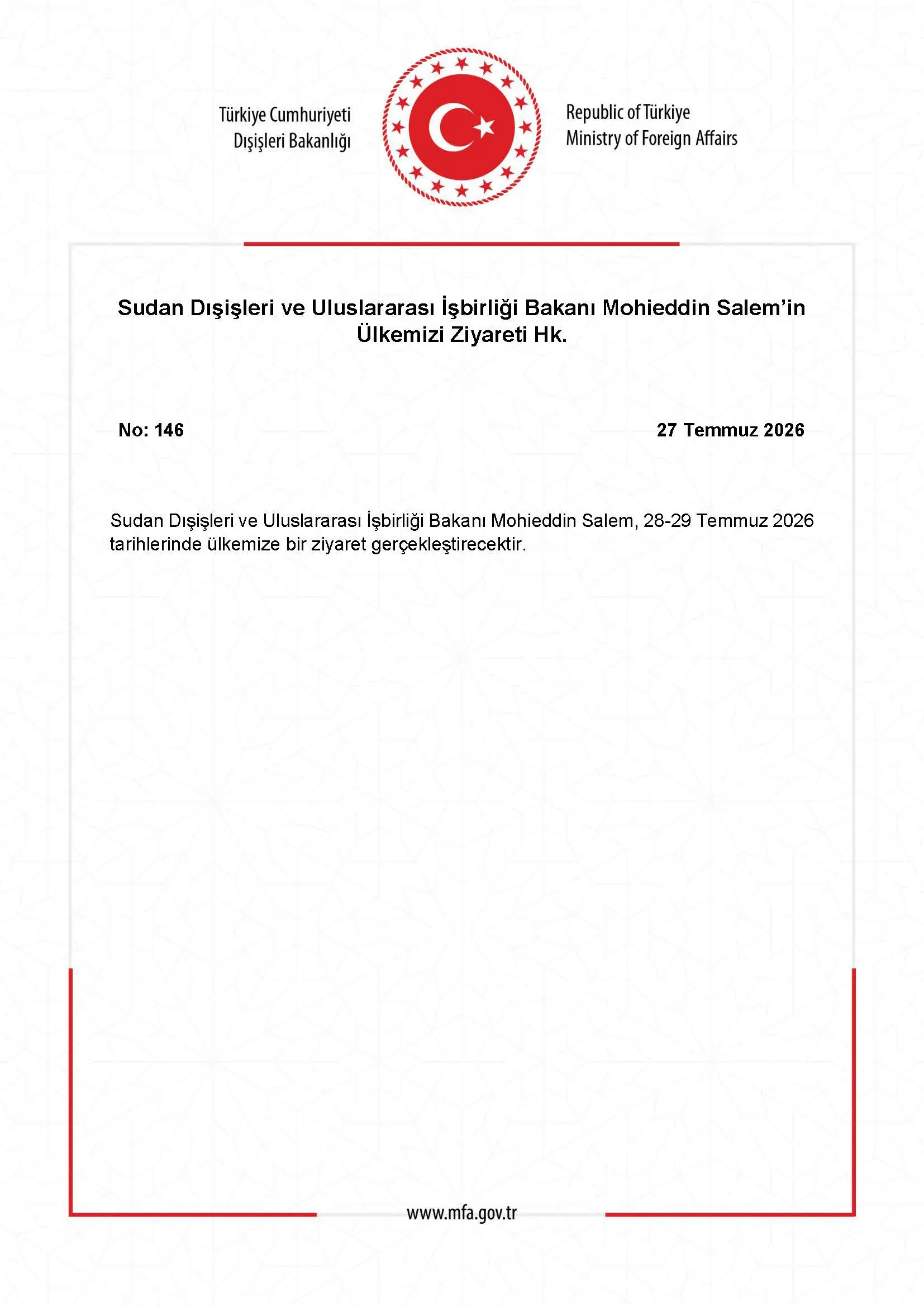 Sudan Dışişleri Bakanı'nın Ülkemizi Ziyareti