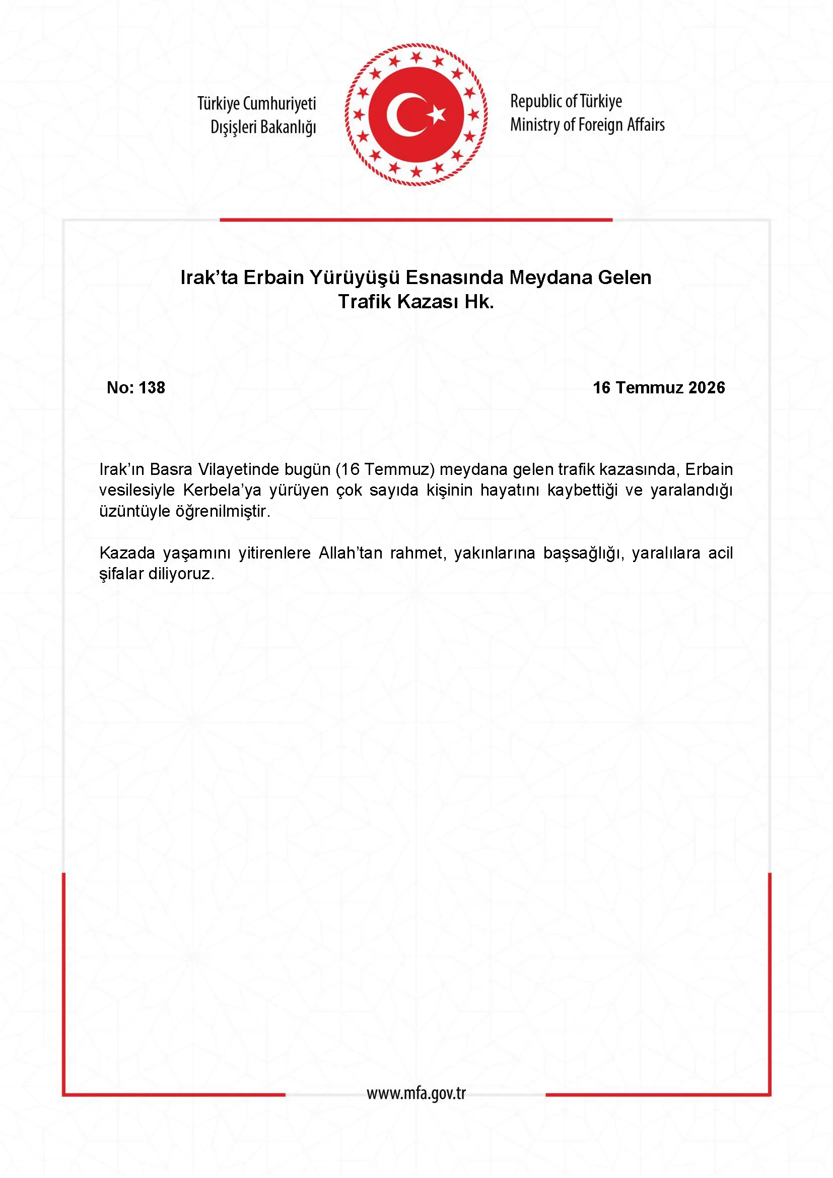 Irak'ta Erbain Yürüyüşü Sırasında Trafik Kazası