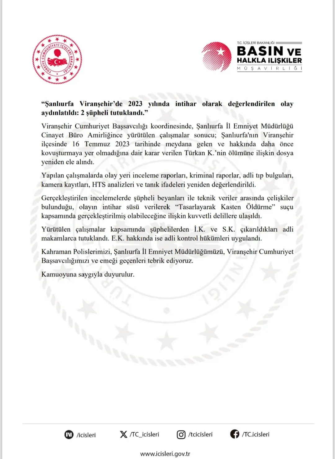 Viranşehir'deki intihar olayı cinayet olarak aydınlatıldı