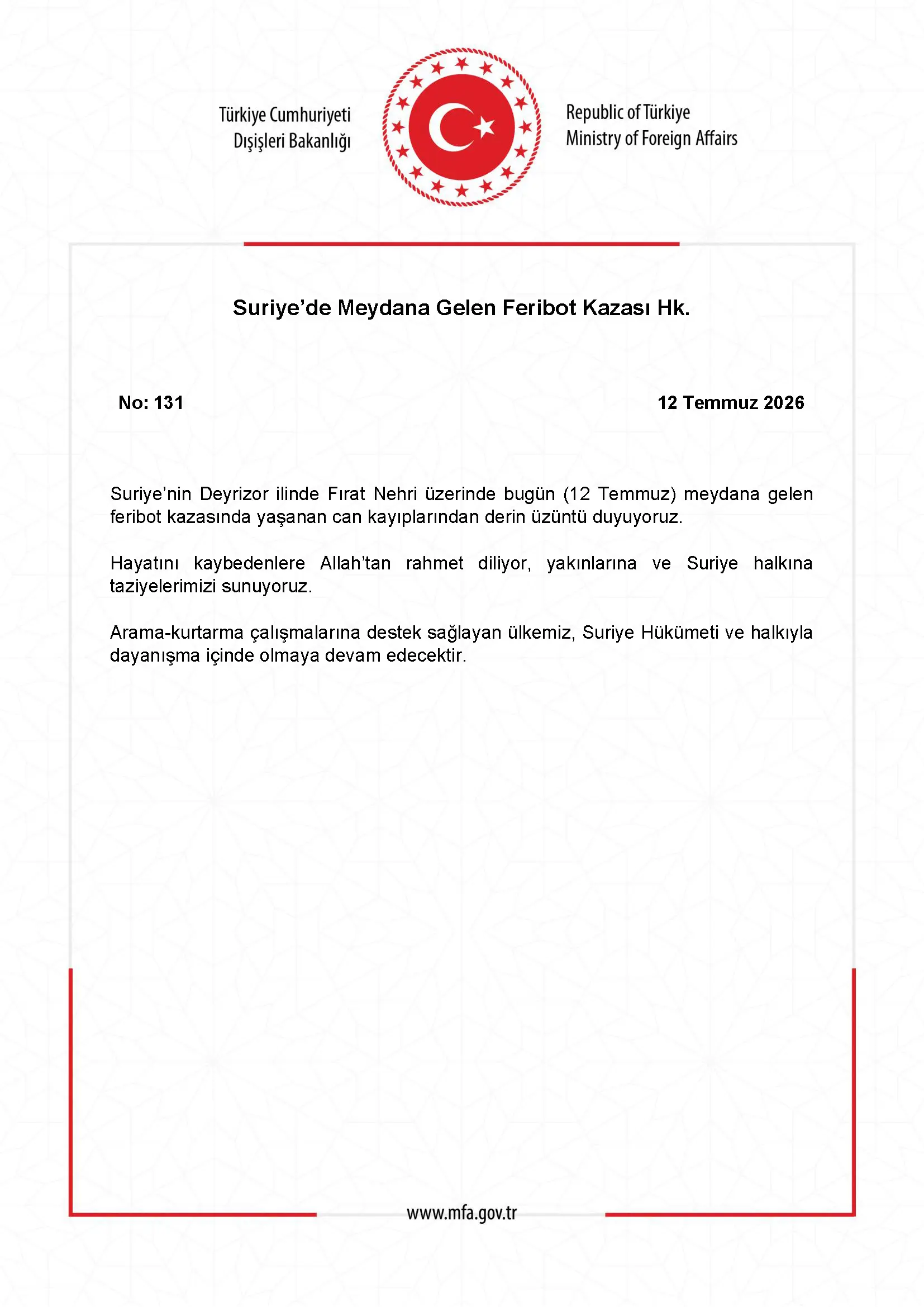 Suriye'de Feribot Kazası Hakkında Açıklama