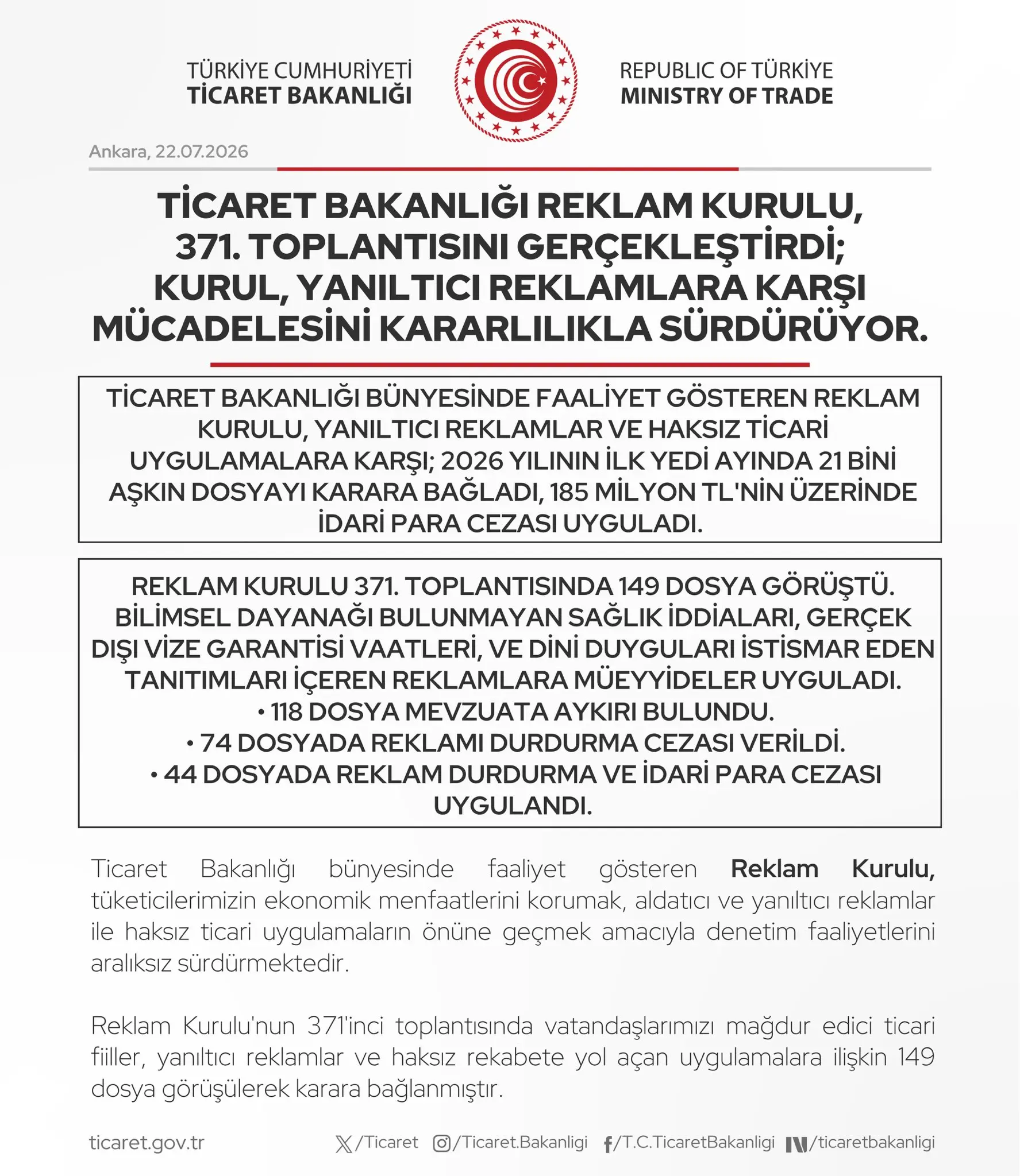 Ticaret Bakanlığı Reklam Kurulu 371. Toplantısını Gerçekleştirdi