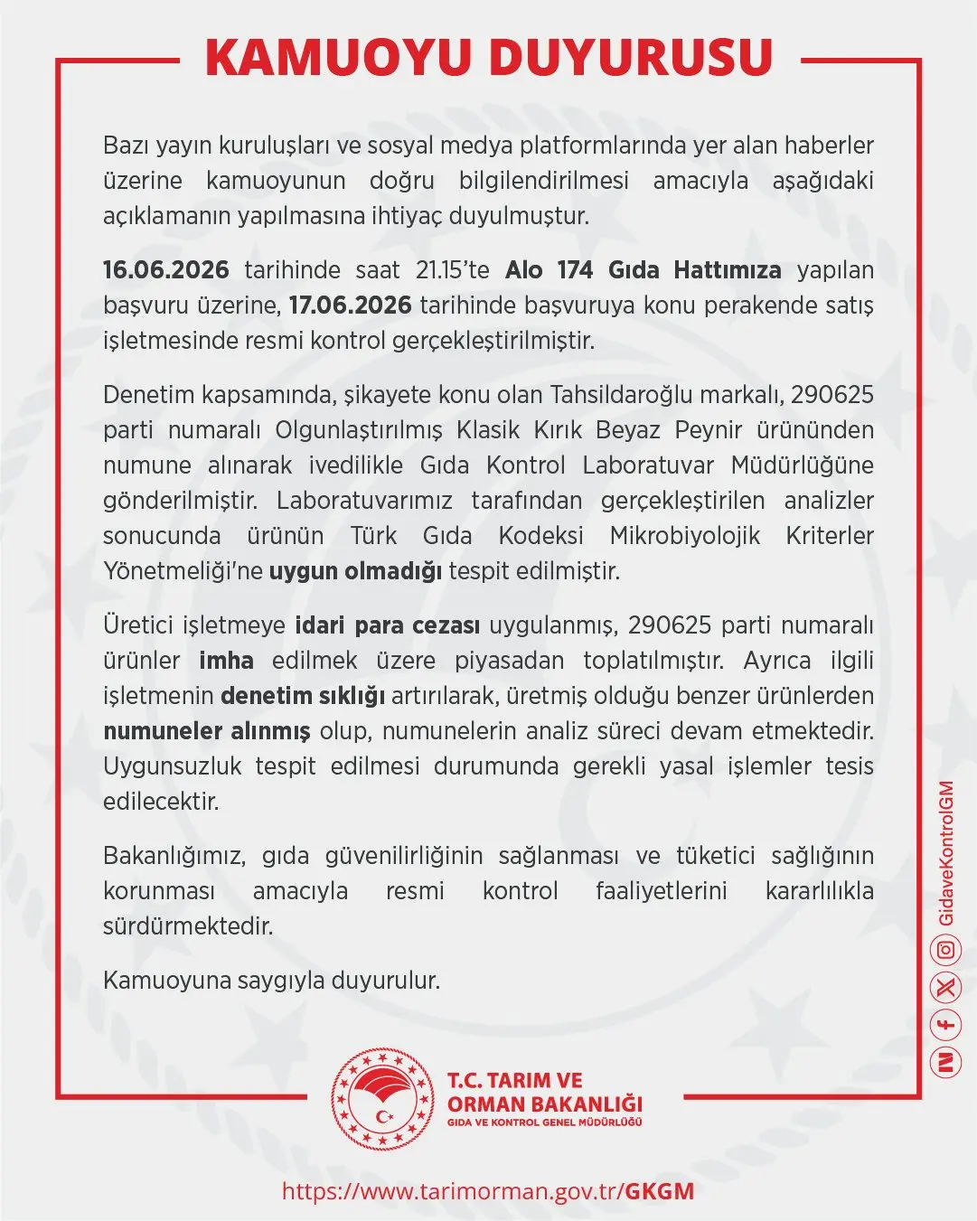 T.C. Tarım Bakanlığı'ndan Kamuoyuna Duyuru