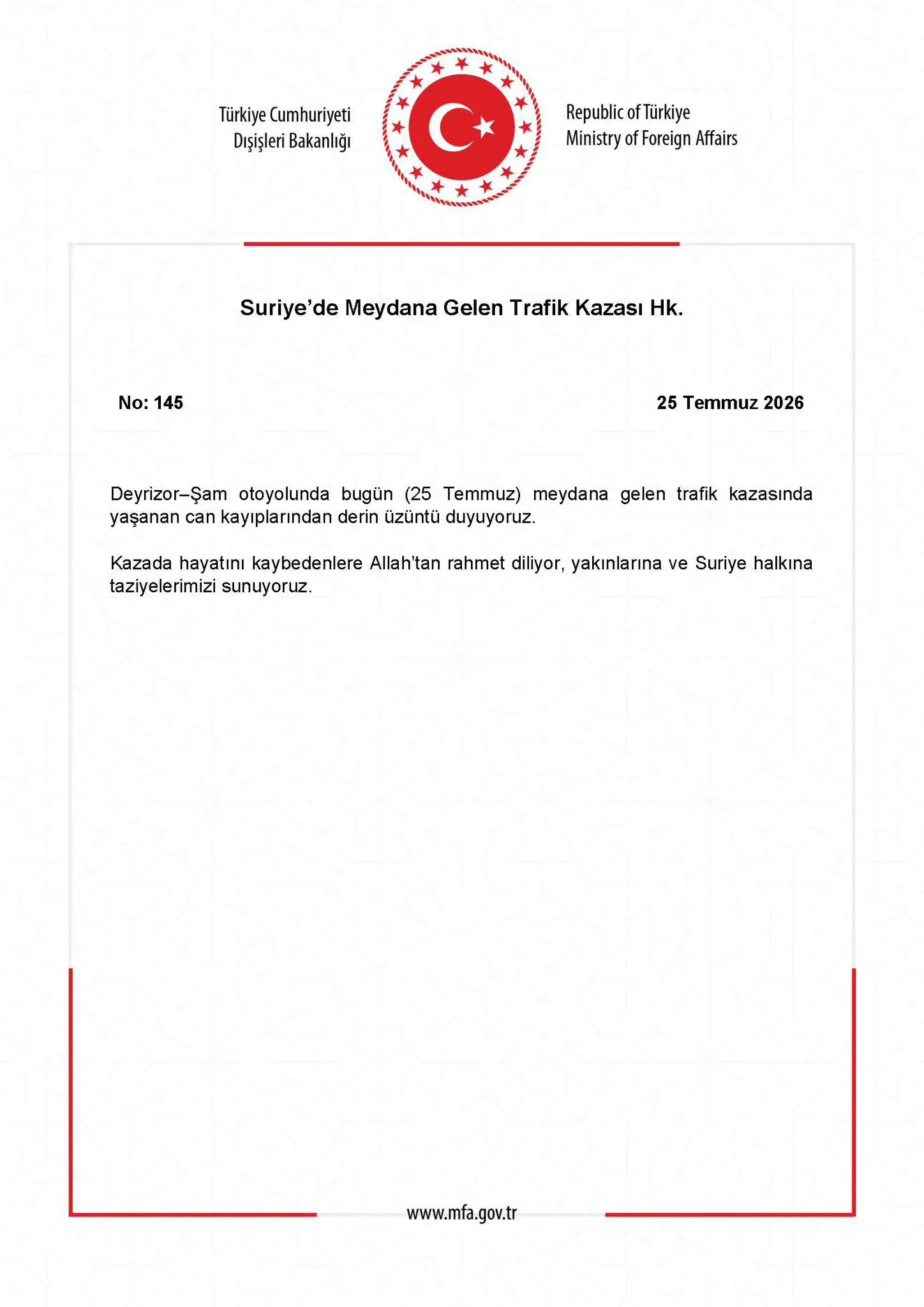 Suriye'de meydana gelen trafik kazası hakkında açıklama