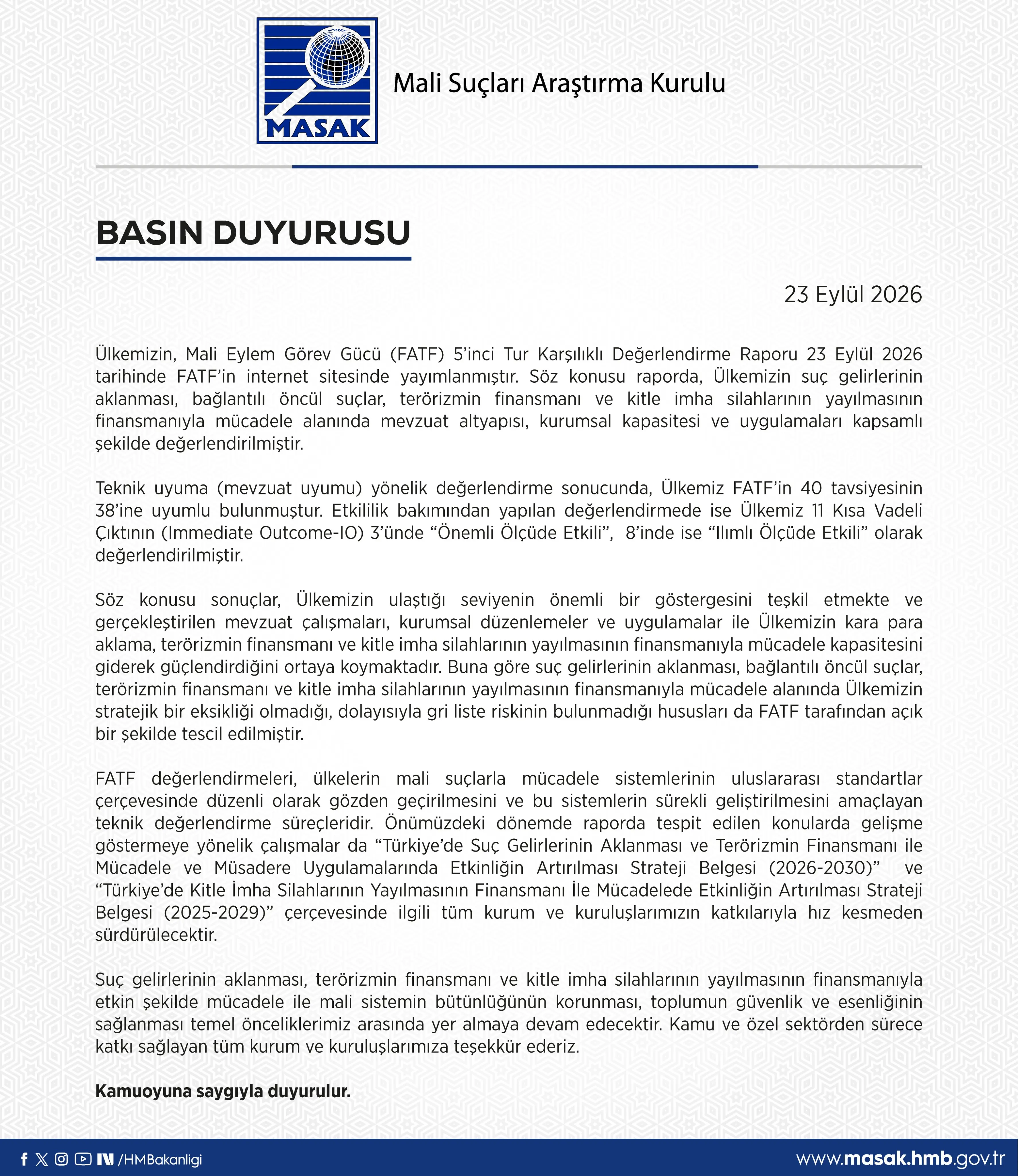 MASAK, FATF Değerlendirme Raporunu Yayınladı